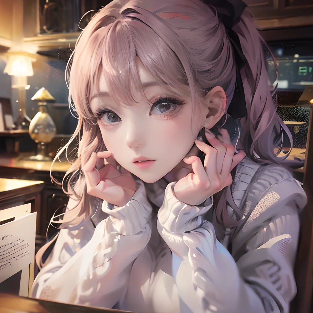 (​masterpiece,masutepiece、8k,4k,)A girl in a gray sweater is looking at us、Sweaters with long hems、cute  face、small lips、pony-tail hair、Hands to chin、Beautiful hands with calculations、