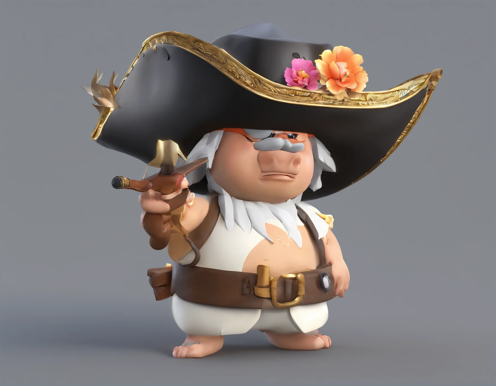 cria um pirata masculino de , chapeu pesqueiro, Espada em forma de flor