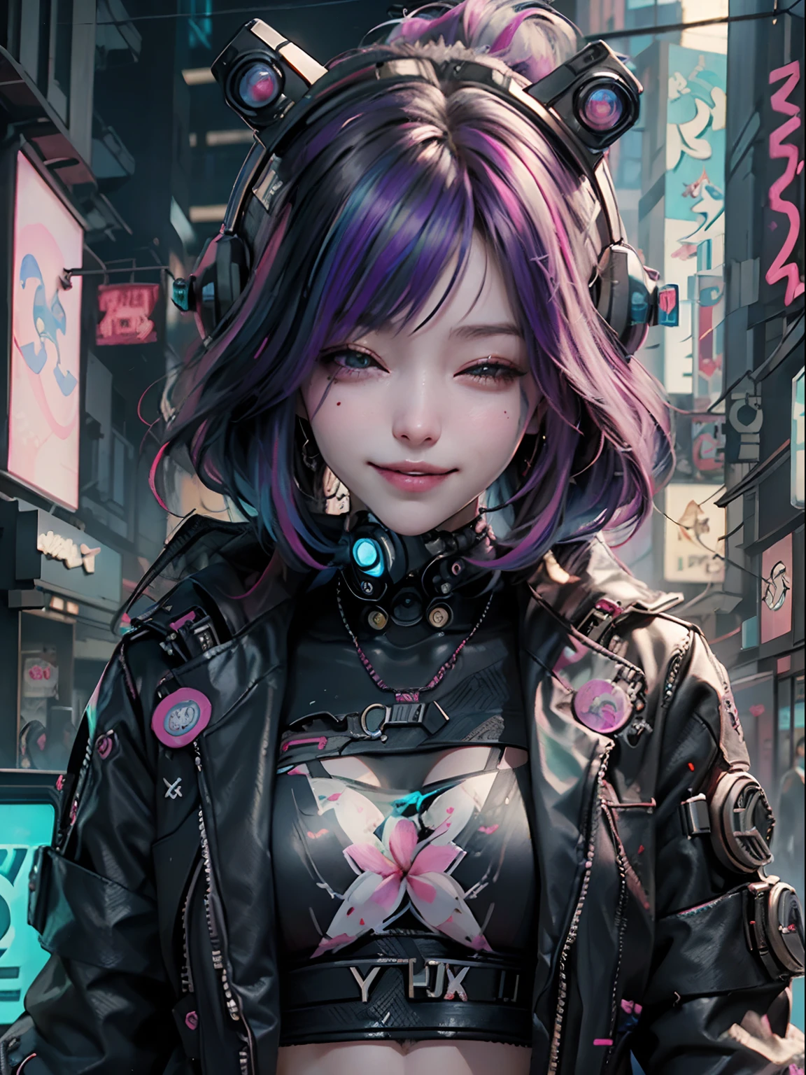 An anime illustration of 2 happy cyberpunk girls, confident cyberpunk girls with smiling expression, ((Harajuku-inspired pop outfit and tech jacket)), bold colors and patterns, eye-catching accessories, trendy and innovative hairstyle, vibrant makeup, ((dynamic pose)), futuristic dazzling Cyberpunk cityscape, skyscrapers, neon signs, glowing LED lights, bright and vivid color scheme, anime, illustration, (beautiful detailed face), intricate details, ultra detailed.