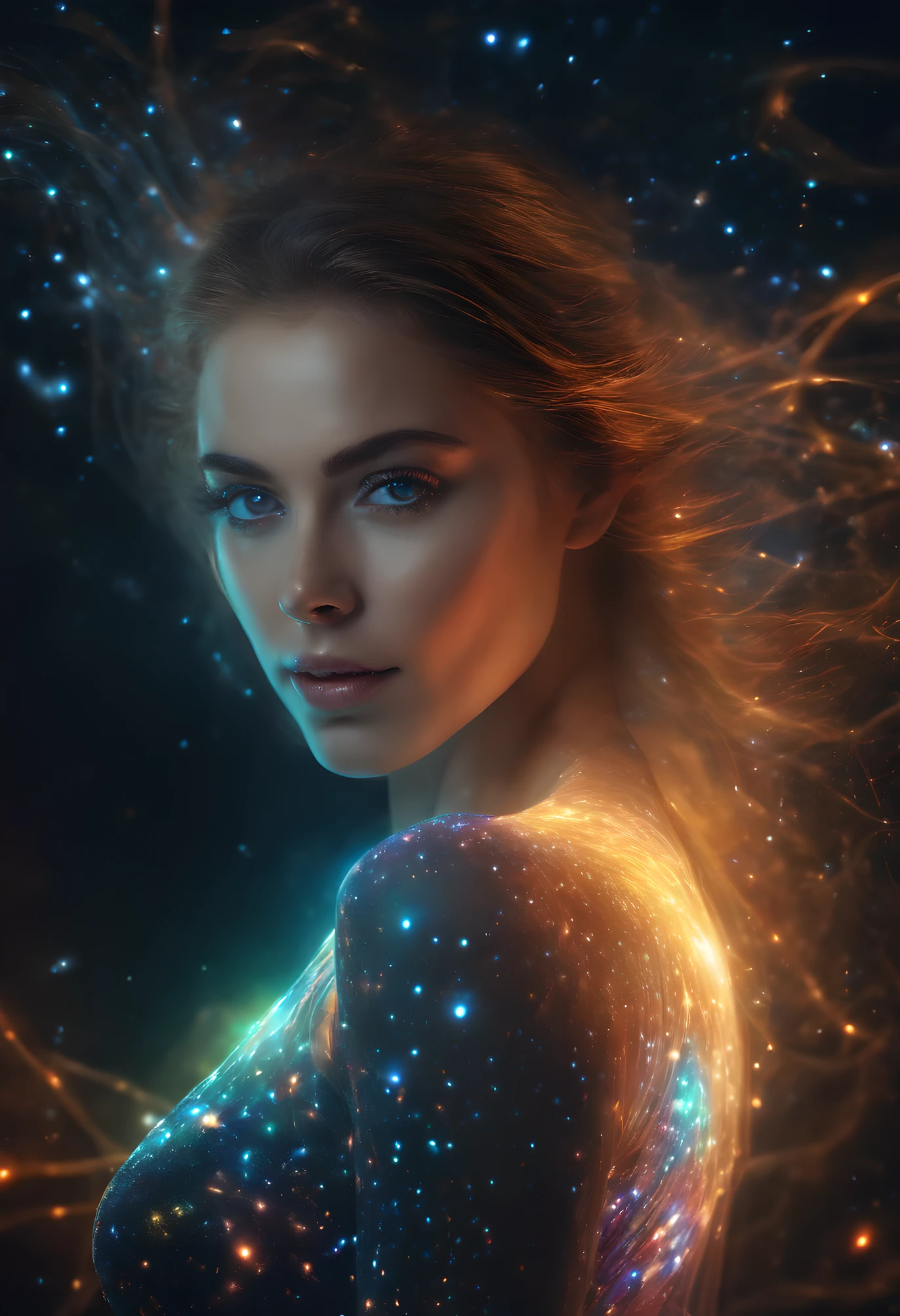 girl nudes cosmic, bright light eyes, Biomechanics, strange, scary, Nightmare, very bright colors, particles of lights, with bright light, Mshiff, Wallpaper art, UHD wallpaper