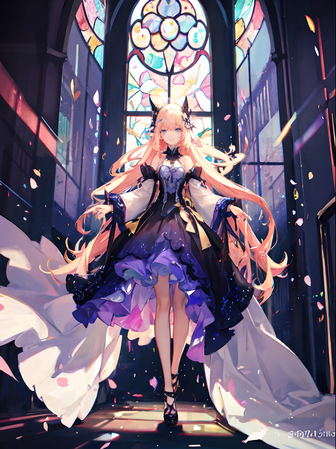 ((masutepiece)), ((Best Quality)), (Ultra-detailed), Illustration, full body Esbian, chies, morning, Pretty women, Solo, pink long dress, beautiful blond hair, Beautiful blue eyes, ((Beautiful eyes)), Long hair, A smile, stained glass window、Light shines in, Looking up at the stained glass window