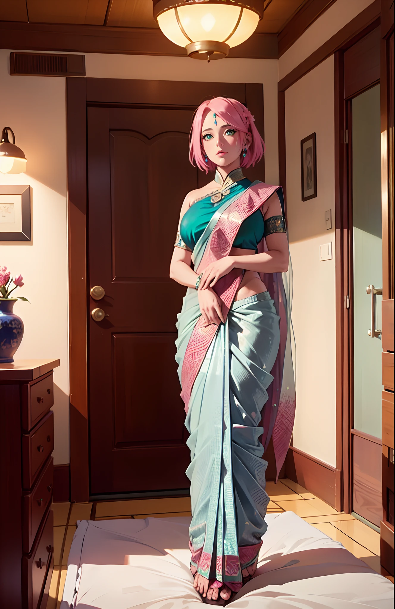 Big tits, ((wearing indian only blue saree)) , ((saree covering full body)), (blue saree)  fullbody, good anatomy, masterpiece, best quality, 4k, 8k, professional photography, soft light, sharp focus, 1 girl, sakura haruno, pink hair, parted banks, detailed face+green eyes, open lips, lipstick,  boobs show,    boobs show,   ass show, from behind, ((hands on blouse)), ((opening blouse)) ((sit on bed))