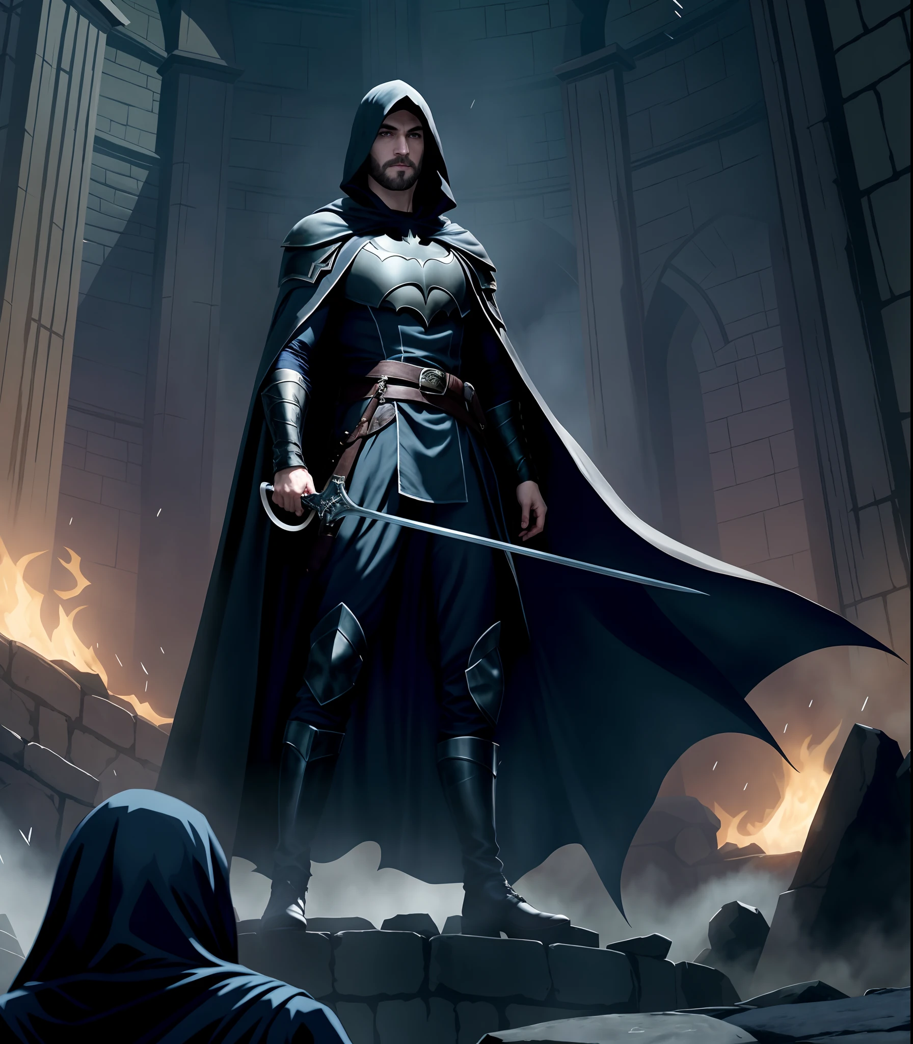 Vampiro bonito com barba, Dhampir bonito com barba, dark cape, dark clothes, pale skin, white skin, assassino, shadow, echo knight, gloomstalker, rpg, rogue, dnd, medieval, epic, segurando uma rapieira, batman in a dark knight costume standing on a stone platform, steel inquisitor
