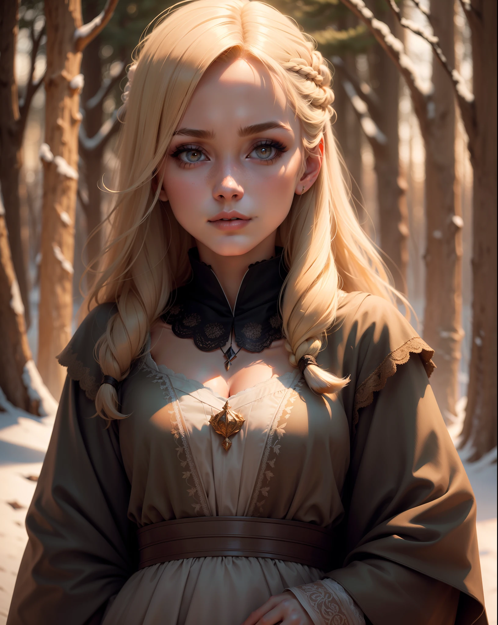 a portrait of a russian blonde in birch grove, (makeup:1.4), small breasts , peasant outfit, highly detailed hair, natural skin texture, 4k textures, highly detailed perfect smooth skin, lightroom, intricate, ultra-realistic, semi , outside, (hdr:1.3), uhd, (intricate details, hyperdetailed:1.1), cinematic, photo-real, (dark shot:1.2), dramatic, high contrast, (warm colors:1.1), muted colors, masterpiece, elegant, sharp focus, sunset