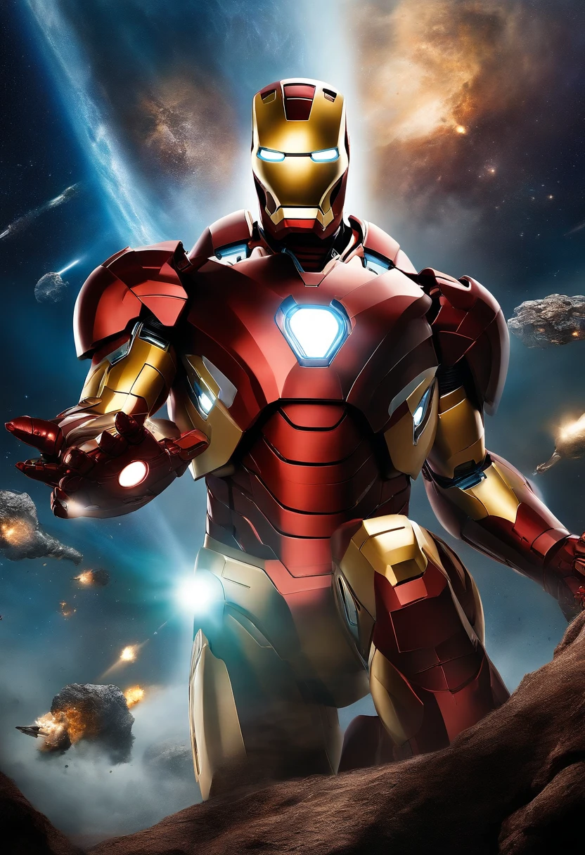 "Describe una impresionante escena en la que Iron Man vuela fuera de la Tierra y destruye un meteorito. Detalla la armadura que usa, the beams and devices it employs to deal with the cosmic threat, and how you feel at that moment. Describe el meteoro y el peligro que representa para nuestro planeta. Immerse yourself in the action and excitement of this heroic feat of Iron Man."
