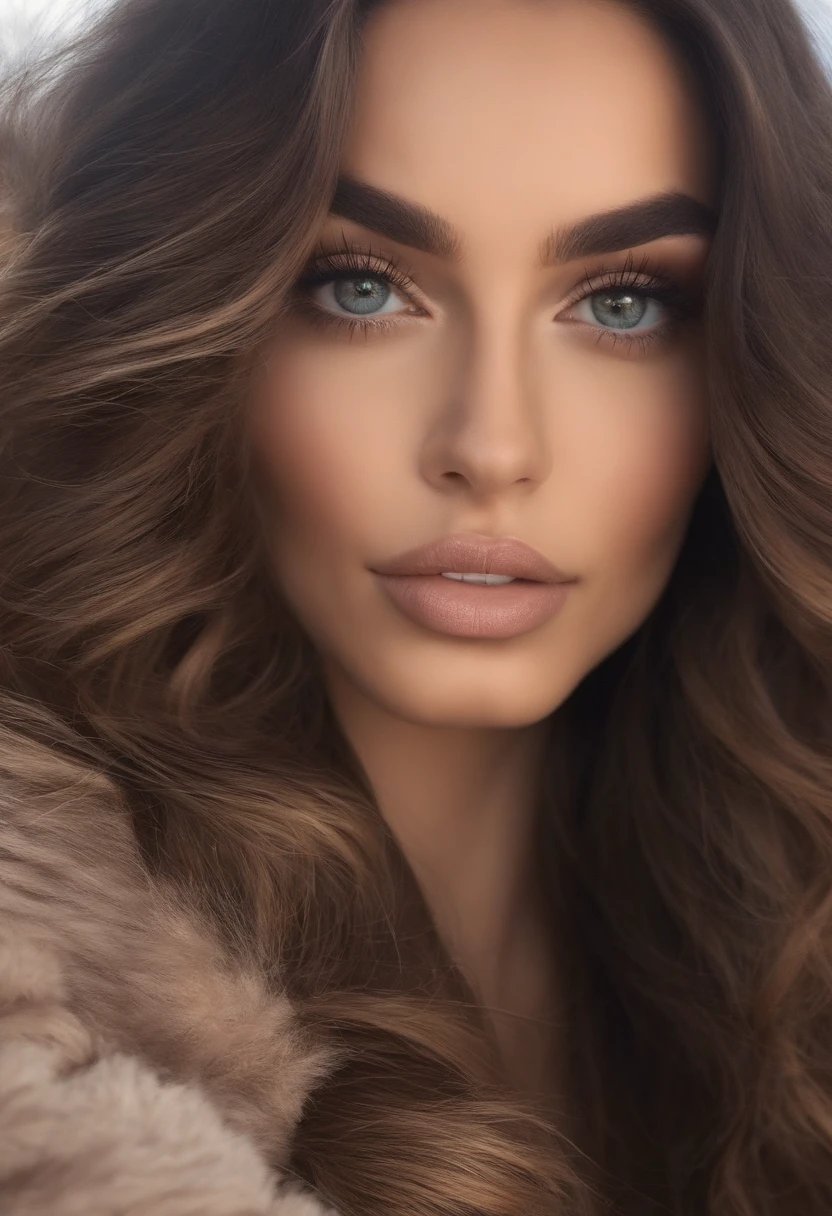 mulher arafed com uma roupa de inverno bonita, ??????????? com olhos castanhos, Retrato Sophie Mudd, cabelos castanhos e olhos grandes,Olhos do quarto, Violeta Myers, sem maquiagem, maquiagem natural, Looking directly at the camera, Rosto com ArtGram, maquiagem sutil,selfie no bar, clivagem