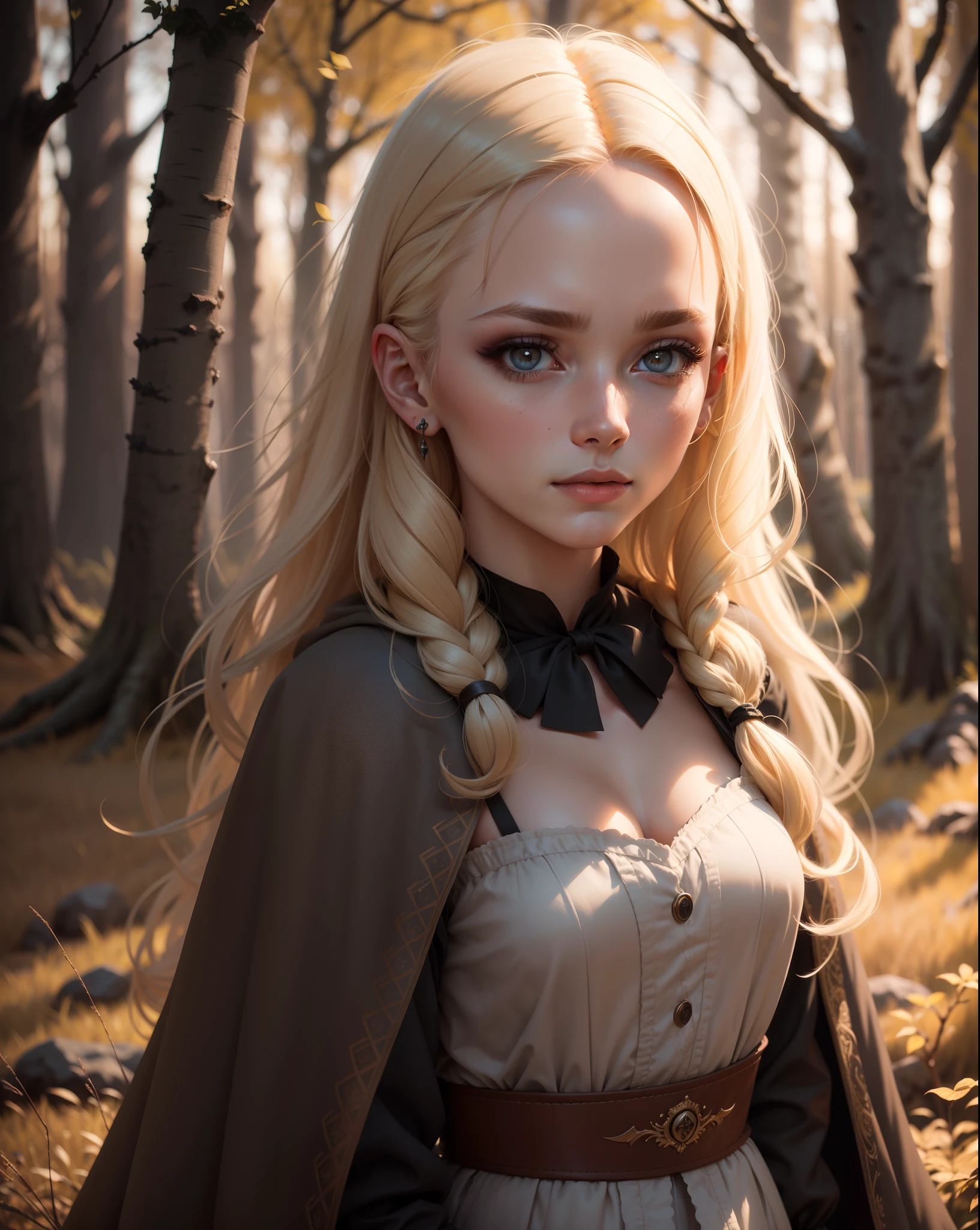 a portrait of a russian blonde in birch grove, (makeup:1.4), small breasts , peasant outfit, highly detailed hair, natural skin texture, 4k textures, highly detailed perfect smooth skin, lightroom, intricate, ultra-realistic, semi , outside, (hdr:1.3), uhd, (intricate details, hyperdetailed:1.1), cinematic, photo-real, (dark shot:1.2), dramatic, high contrast, (warm colors:1.1), muted colors, masterpiece, elegant, sharp focus, sunset