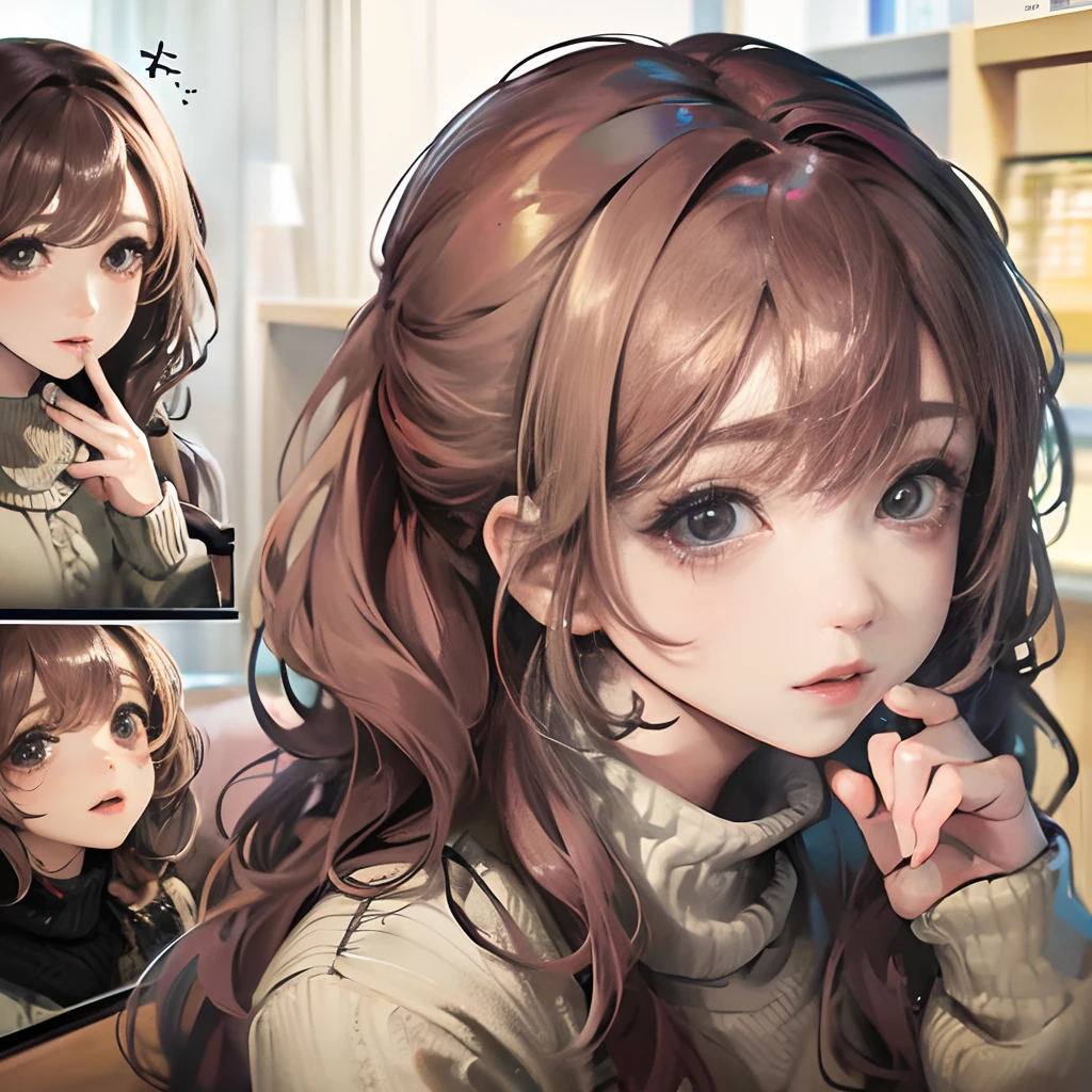 (​masterpiece,masutepiece、8K,4K,)A girl in a grey sweater is looking at us、Long-hemmed sweater、cute  face、Small lips、pony-tail hair、Put your hand on your chin、Beautiful hands in calculation、