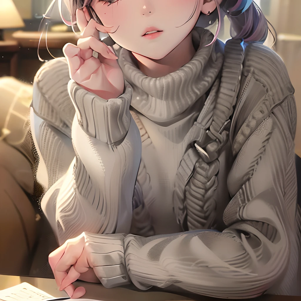 (​masterpiece,masutepiece、8K,4K,)A girl in a grey sweater is looking at us、Long-hemmed sweater、cute  face、Small lips、pony-tail hair、Put your hand on your chin、Beautiful hands in calculation、