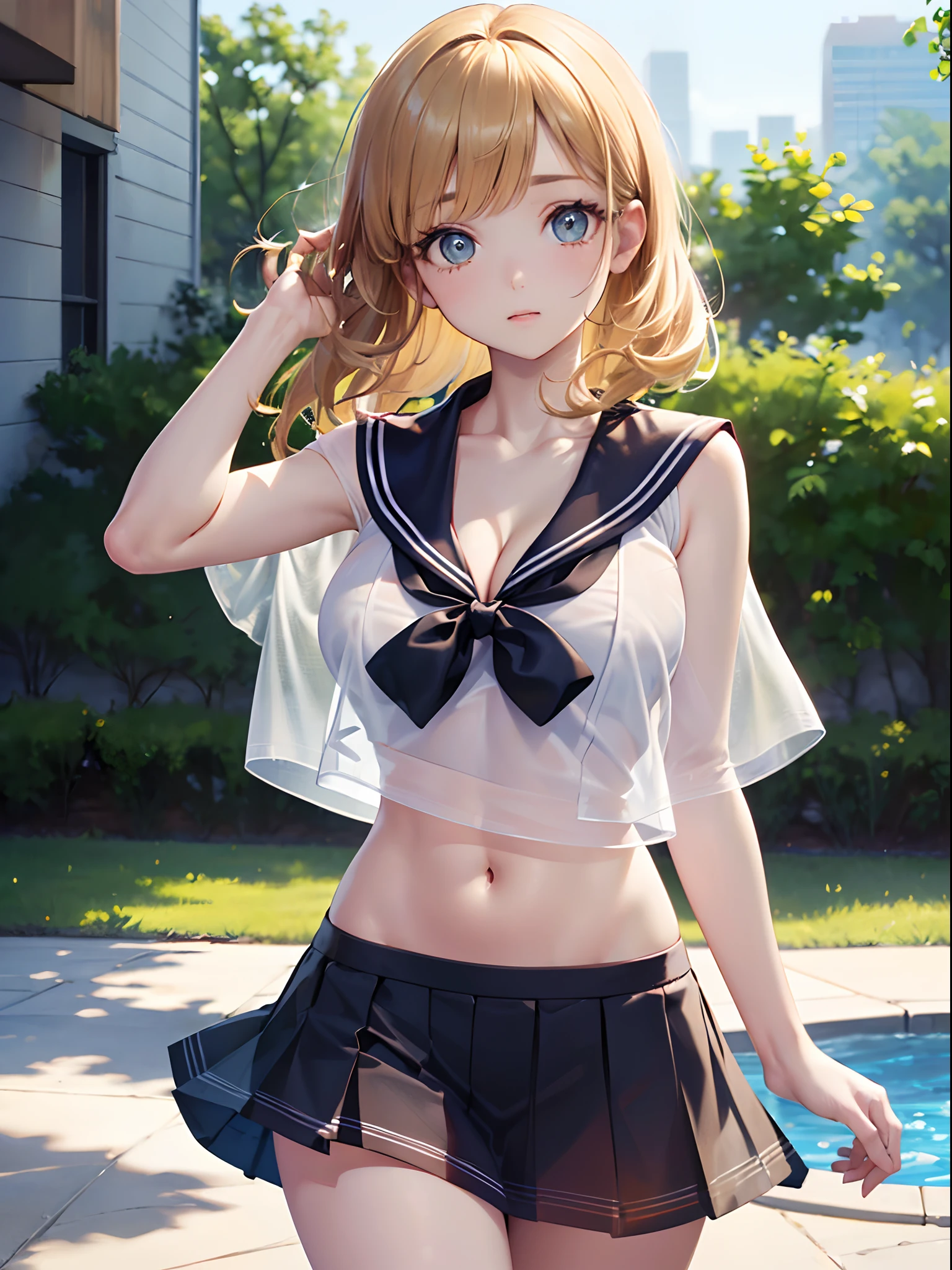 ((masterpiece, best quality, highres, UHD, perfect pixel, depth of field, 4k, RTX, HDR))), 1girl, single, solo, (((cleavage))), beautiful girl, beautiful artstyle, ((Detailed beautiful eyes, beautiful eyelashes, realistic eyes)), ((detailed face)), ((smooth texture, realistic texture, photorealistic)), large breasts, small ass, perfect body, ((cowboy shot)), ((( white sheer sailor shirt, Sleeveless, Open front))), (((Navel ))), (((Sheer Micro Mini Skirt))), poolside, Perfect Eyes Eyes