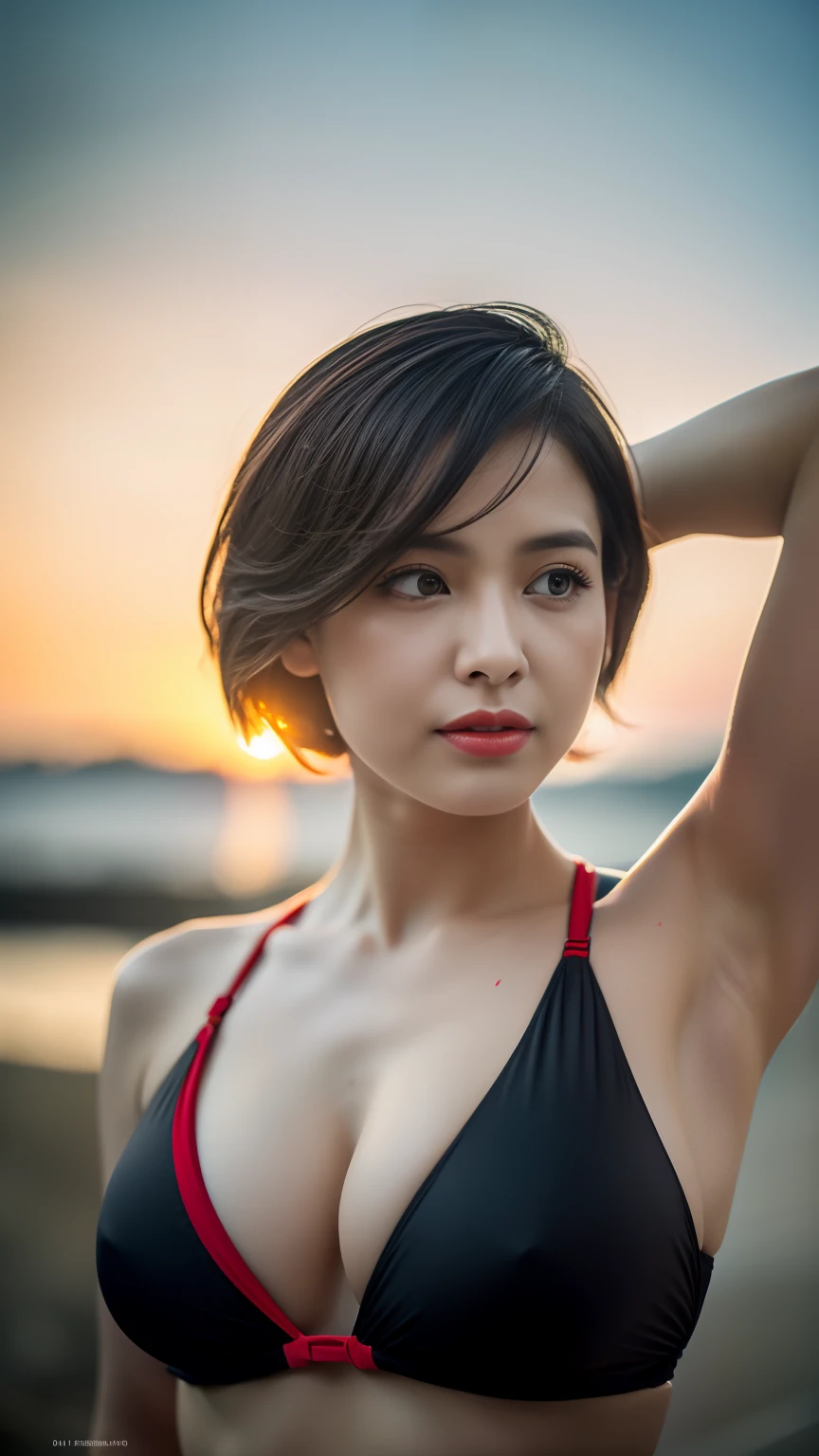 (One Person), (Ultra Realistic Image of a Gorgeous 25 Years Old British Female Model), (Wavy Bobcut Black Hair:1.2), (Pale Skin:1.6), (Detailed Oily and Sweaty Skin:1.2), (Wearing Red and Black Sarong-Style Swimsuit:1.4), ( Cup Size:1.6), (Dynamic Pose:1.4), (Clean Armpits:1.4), (Tropical Beach at Evening with Sunset:1.6), Centered, (Waist-up Shot:1.4), From Front Shot, Insane Details, Intricate Face Detail, Intricate Hand Details, Cinematic Shot and Lighting, Realistic Colors, Masterpiece, Sharp Focus, Ultra Detailed, Taken with DSLR camera, Realistic Photography, Depth of Field, Incredibly Realistic Environment and Scene, Master Composition and Cinematography