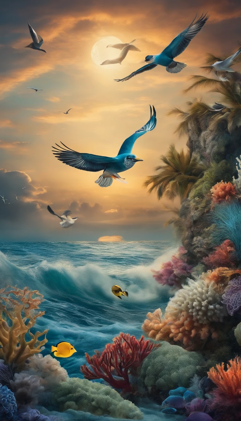 An image of the ocean with sea creatures and birds floating above.