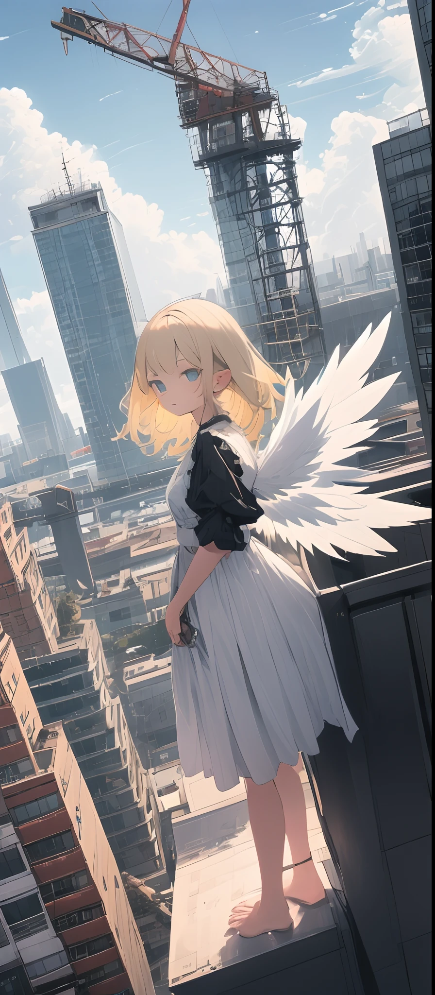 (masterpiece, best quality),from above , 1girl, solo, (feathered wings:1.2), billboard, blue eyes, blonde hair, building, city, cloudy sky, white dress, barefoot, crane \(machine\), dutch angle, from side, light frown, looking at viewer, outdoors, rooftop, sky, skyscraper