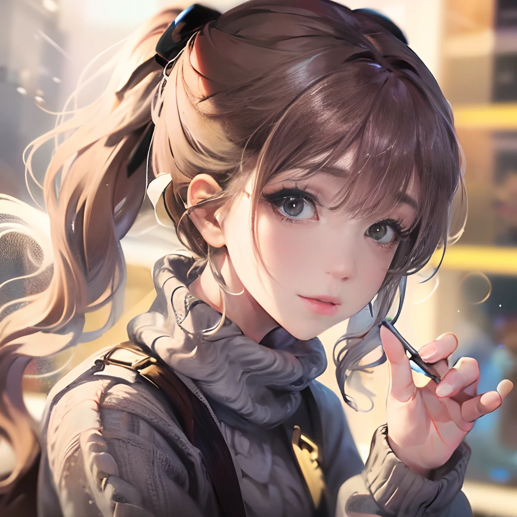 (masterpiece,masutepiece、8K,4K,)A girl in a grey sweater is looking at us、Long-hemmed sweater、cute face、Small lips、pony-tail hair、Put your hand on your chin、Beautiful hands of calculation、