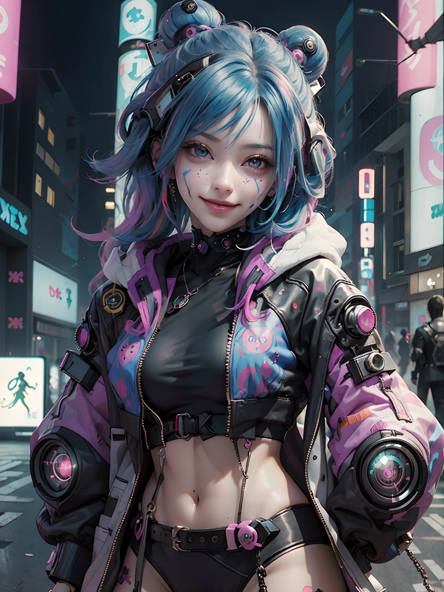 Photograph of a (((Cyberpunk girl))), (((colorful Harajuku design clothing))), multi-color hair, big happy smile.