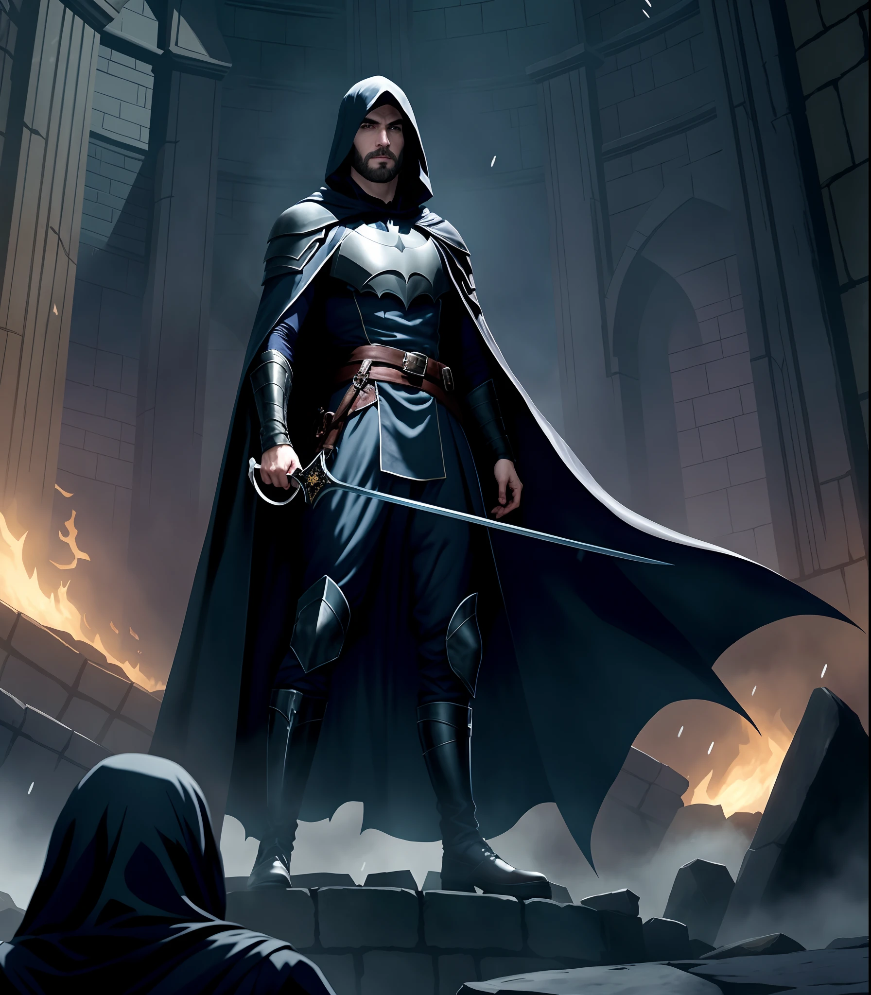 Vampiro bonito com barba, Dhampir bonito com barba, dark cape, dark clothes, pale skin, white skin, assassino, shadow, echo knight, gloomstalker, rpg, rogue, dnd, medieval, epic, segurando uma rapieira, batman in a dark knight costume standing on a stone platform, steel inquisitor