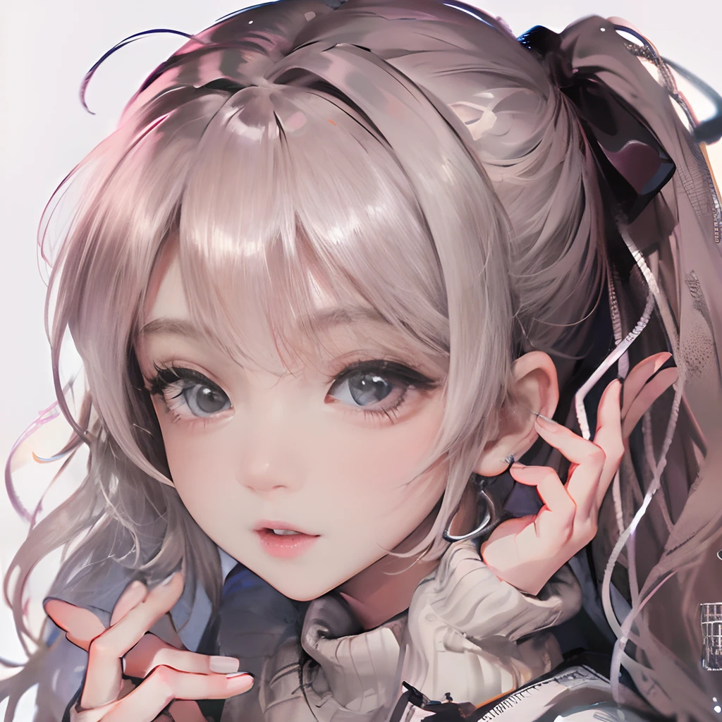 (​masterpiece,masutepiece、8K,4K,)A girl in a grey sweater is looking at us、Long-hemmed sweater、cute  face、Small lips、pony-tail hair、Put your hand on your chin、Beautiful hands of calculation、