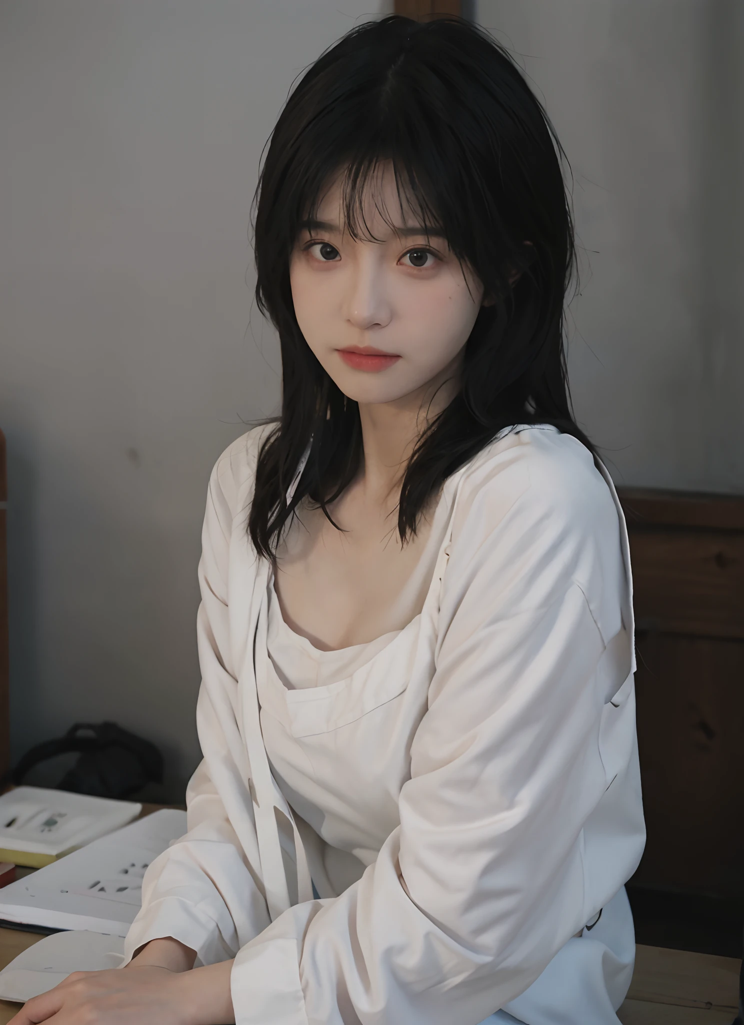 best qualtiy， 超高分辨率， （realisticlying：1.4）， one-girl， A pair of clear and moving eyes,Royal Sister，Snow-white school uniform， （big cleavage breasts：1.2）， looking at viewert， closeup cleavage ，