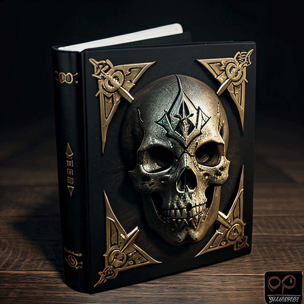 a symbol of a silver skull inlaid in the black leather front cover of (((one))) ancient book, dimensions 1:1.5, (((full page))), (((view from above))), necronimocon, grimoire, dark, sinister