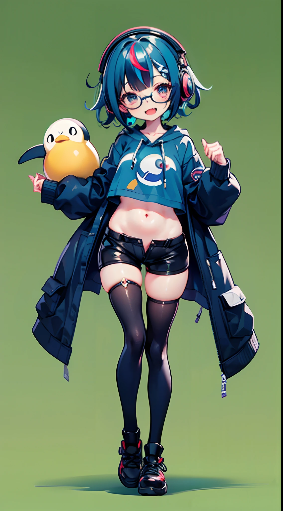 ((1girl)),(((full body))),(solo),(standing),((green background,simple background)),multi-tone hair,(((dark blue hair:1.2))),blue hair,(streaked hair,blonde streaked hair),short hair, (((small breasts))),,(((kawaii))),little girl, tall,6 years old,((Navel ,(dark skin:0.6), plump thighs, tareme, glasses, ((light smile)),open mouth slightly,fang, ((black leather short pants)),dark thigh high socks, musical note earrings,(ware over a long front-opening hoodie,ware over a penguin hoodie, take off the hood, baggy hoodie),baggy headphone,(blue t-shirt), mechanic,robotics,sound engineer,((((masterpiece)))), high quality, very_high_resolution, ulutra detailed, large_filesize, full color, anatomically correct
