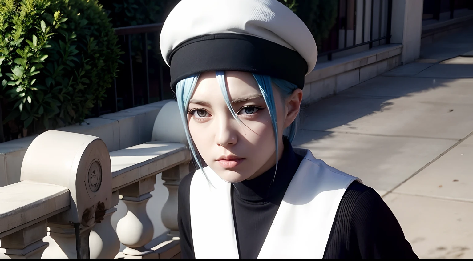 1girl, white headwear, hair between eyes, short hair, red ribbon, turtleneck, zettai ryouiki, blue eyes, blue hair, black dress, school uniform, long sleeves, white beret, extremely beautiful face, exquisite face, beauty