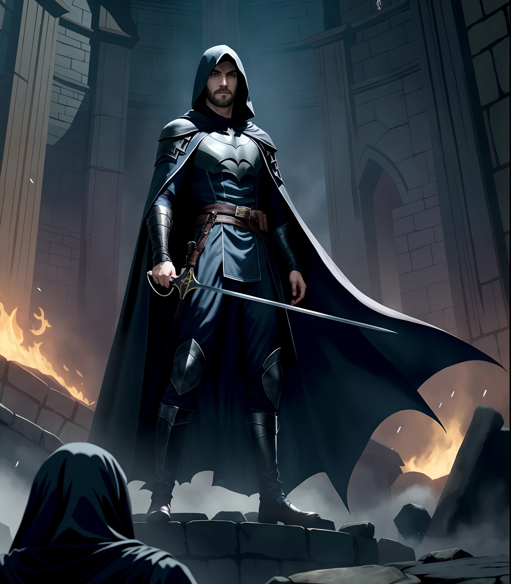 Vampiro bonito com barba, Dhampir bonito com barba, dark cape, dark clothes, pale skin, white skin, assassino, shadow, echo knight, gloomstalker, rpg, rogue, dnd, medieval, epic, segurando uma rapieira, batman in a dark knight costume standing on a stone platform, steel inquisitor