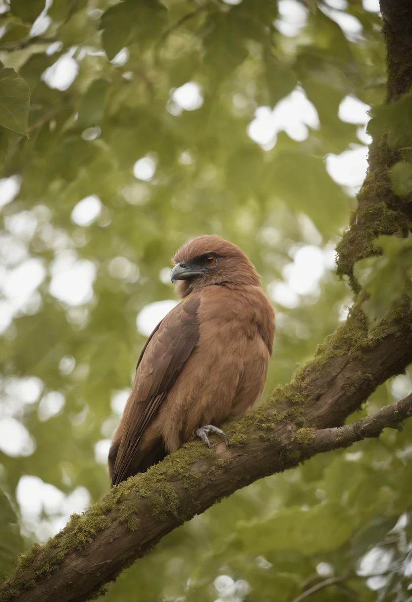 A humanoid bird, At the top of a big tree, The bird-like creature she's tall, tem bigo grande olhos vermelhos