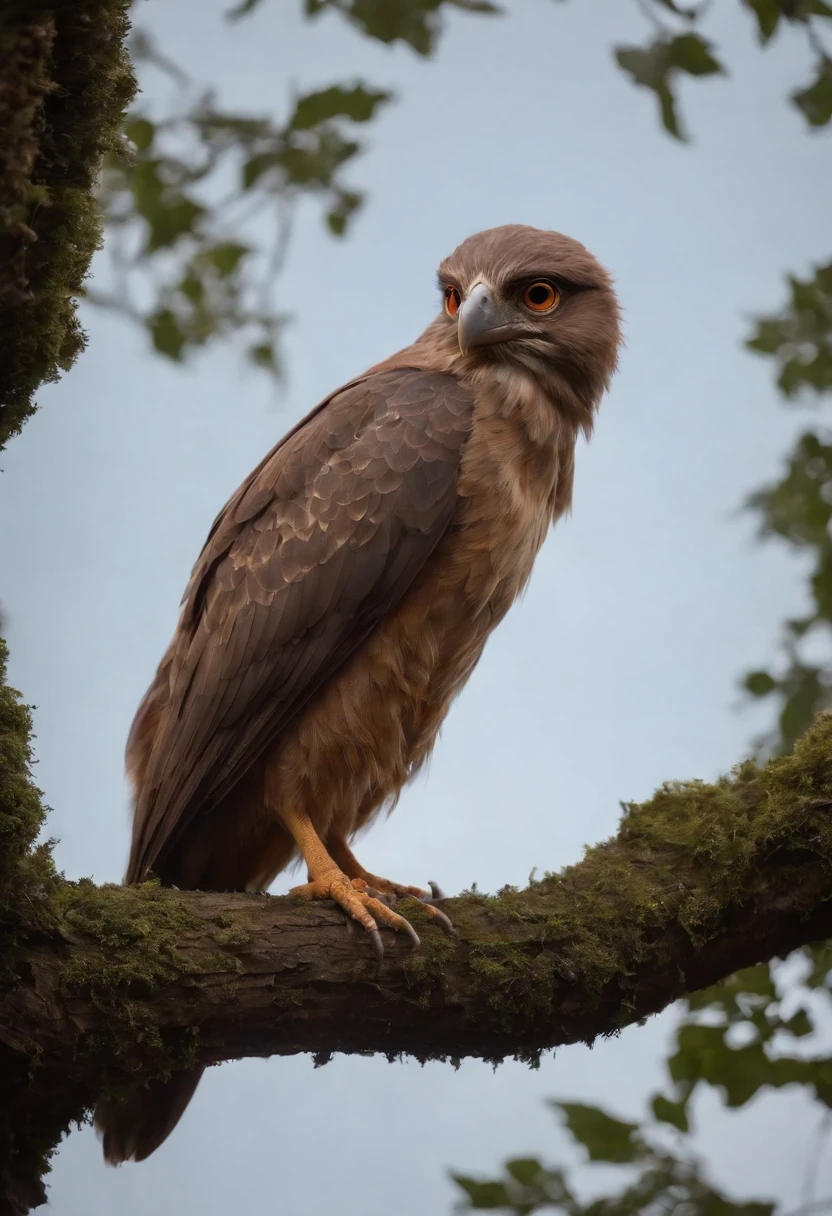 A humanoid bird, At the top of a big tree, The bird-like creature she's tall, tem bigo grande olhos vermelhos