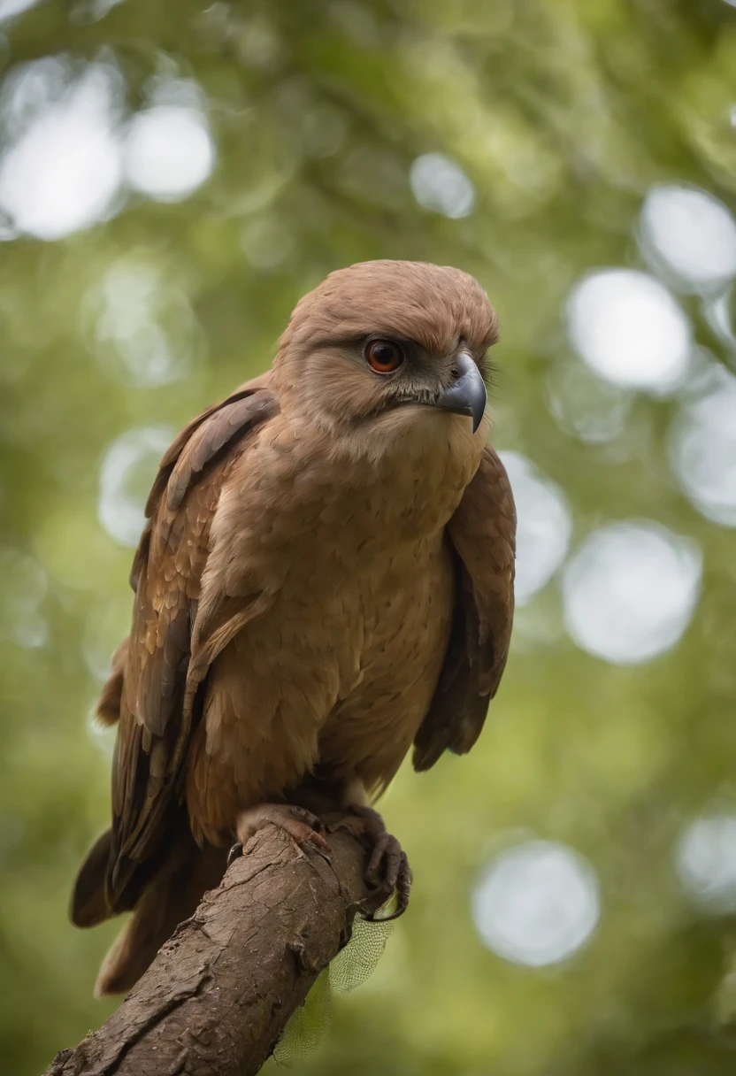 A humanoid bird, At the top of a big tree, The bird-like creature she's tall, tem bigo grande olhos vermelhos