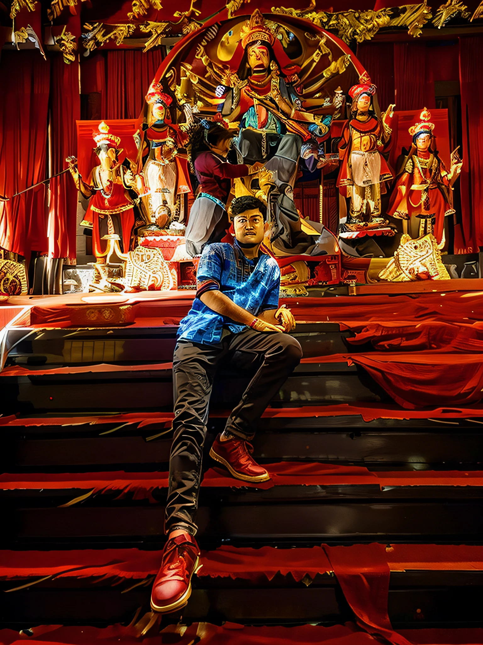 arafed man sitting on steps in front of a red stage, standing in a hindu kovil, , with a chinese temple, realistic face, 8k, ultra realistic