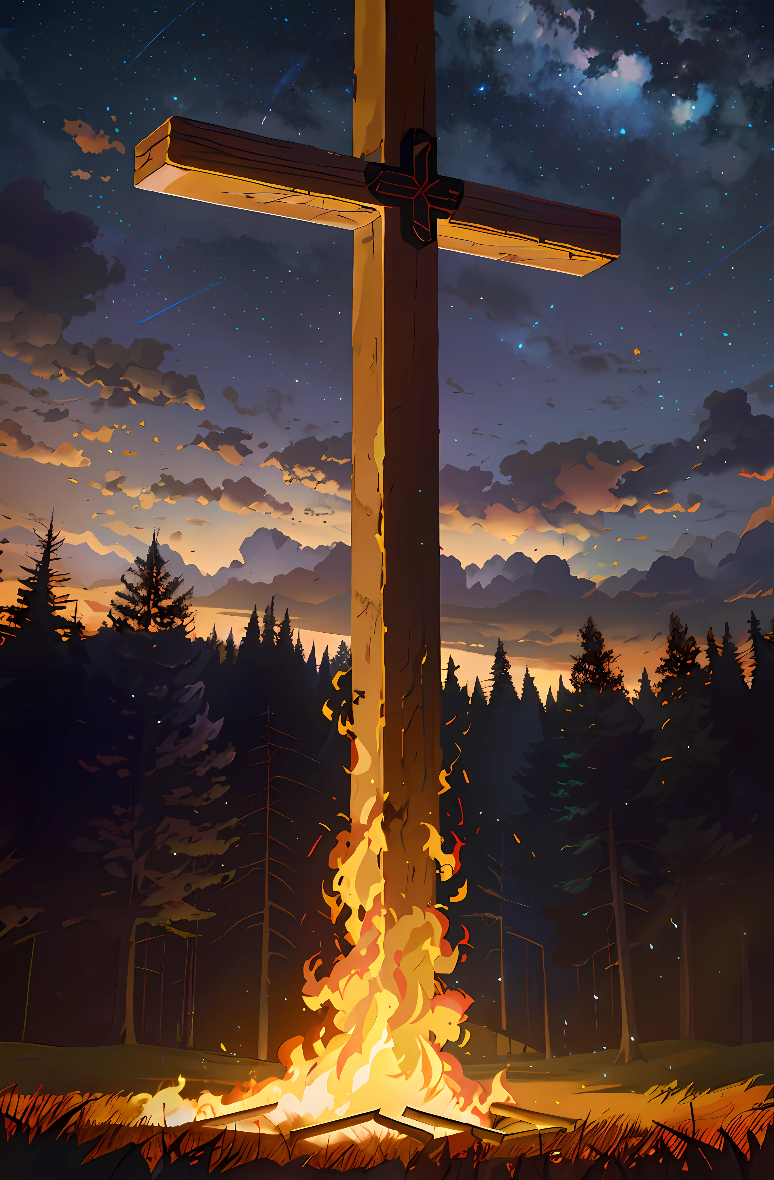 there is a cross on a hill with a fire in the foreground, background artwork, detailed 2d illustration, 4 k hd illustrative wallpaper, detailed painting 4 k, anime art wallpaper 4k, anime art wallpaper 4 k, jen bartel, anime art wallpaper 8 k, background art, 4k detailed digital art, low detailed. digital painting, anime
