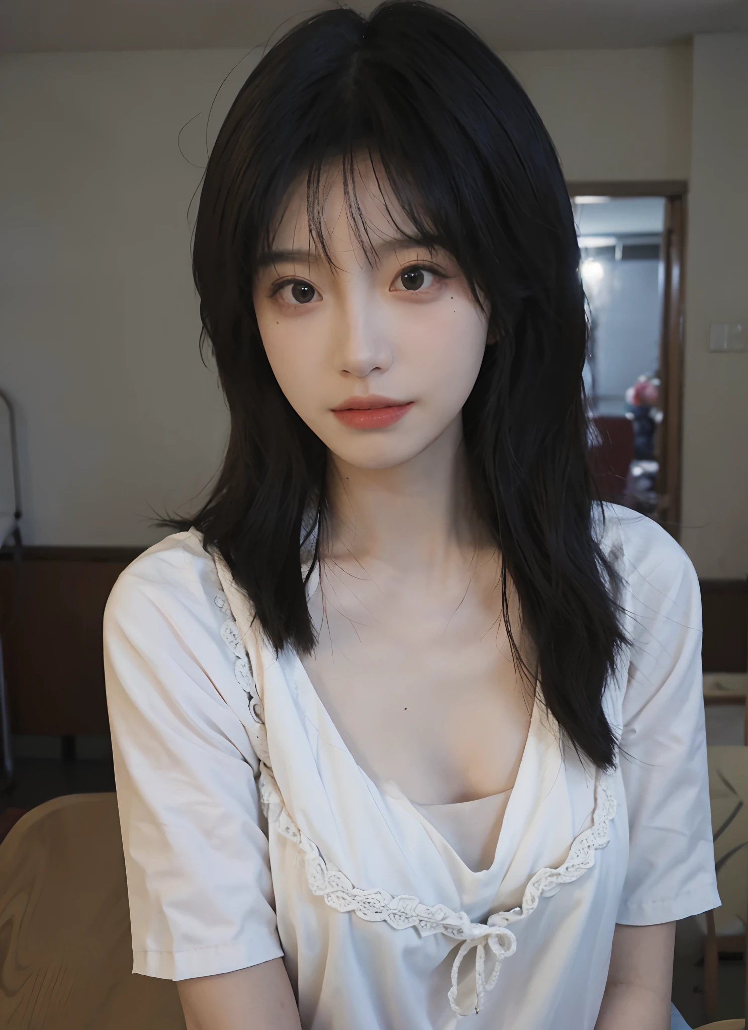 best qualtiy, 超高分辨率, (realisticlying:1.4), one-girl,Pink Long Hair, A pair of clear and moving eyes,Royal Sister,Beige sweater, looking at viewert, closeup cleavage ,