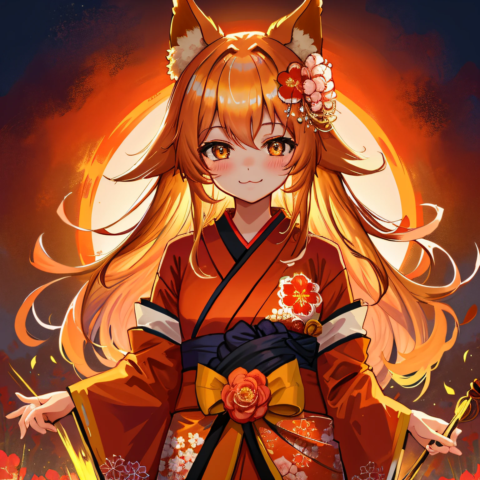 masterpiece, best quality, highly detailed, 1girl, solo, (:3:1.1), animal ear fluff, animal ears, orange hair, fluffy hair, blush, brown eyes, flower, fox ears, fox girl, gradient, gradient background, hair flower, hair ornament, japanese clothes, kimono, looking at viewer, miko, smile, solo, white kimono, beautiful lighting, (Alena Aenami:1.3)