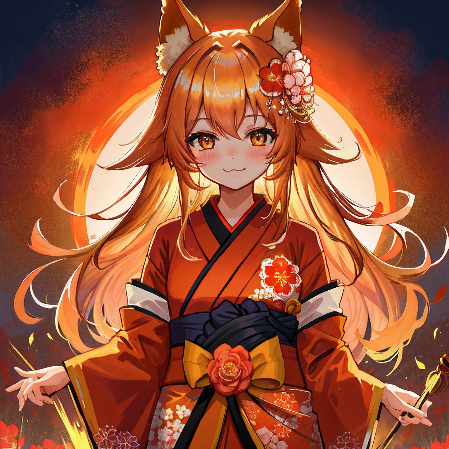 masterpiece, best quality, highly detailed, 1girl, solo, (:3:1.1), animal ear fluff, animal ears, orange hair, fluffy hair, blush, brown eyes, flower, fox ears, fox girl, gradient, gradient background, hair flower, hair ornament, japanese clothes, kimono, looking at viewer, miko, smile, solo, white kimono, beautiful lighting, (Alena Aenami:1.3)