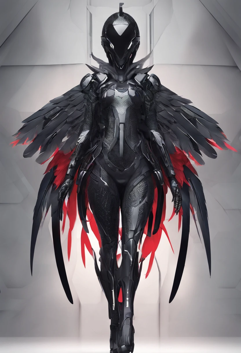 A humanoid creature with the feathered cup, Their feathers are black, Your bigo is big, Sus pupilas vermelhas, A bird-like creature, grande