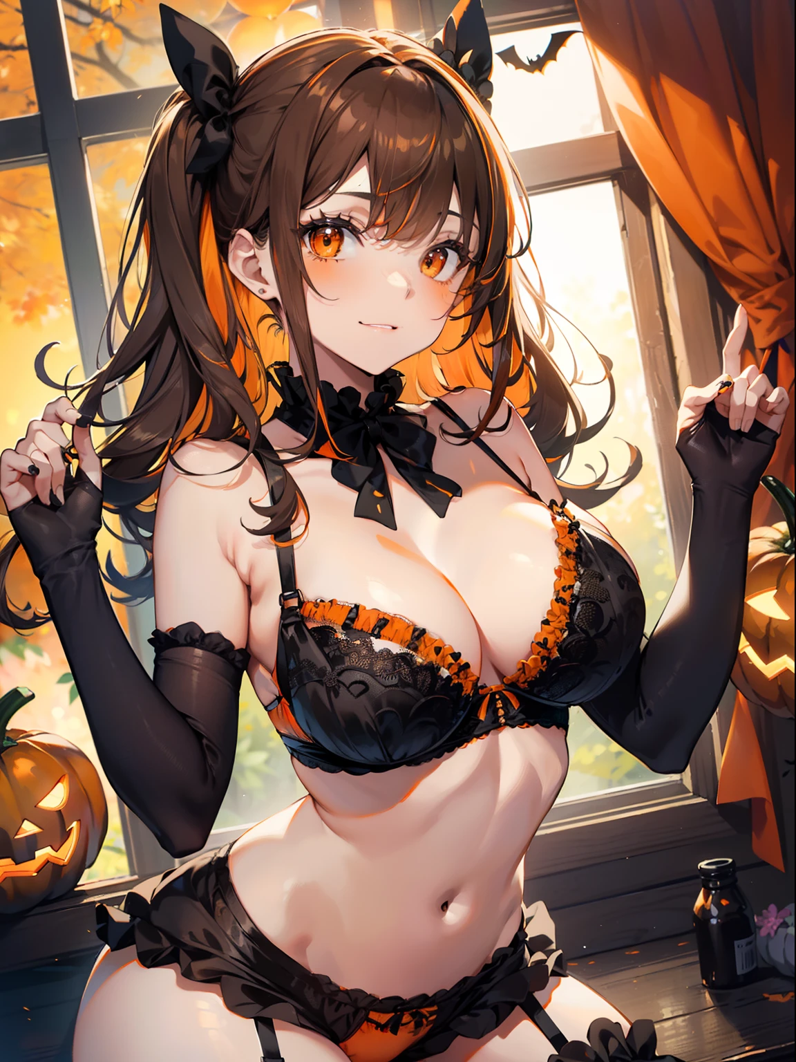 top-quality、Full limbs、complete fingers、One beautiful woman、Beautiful Large Breasts、((Brown-haired woman))、poneyTail、Halloween Party、(((Black and orange bra、Black and orange bloomers)))、Halloween Cosplay、Naughty Poses、Naughty face