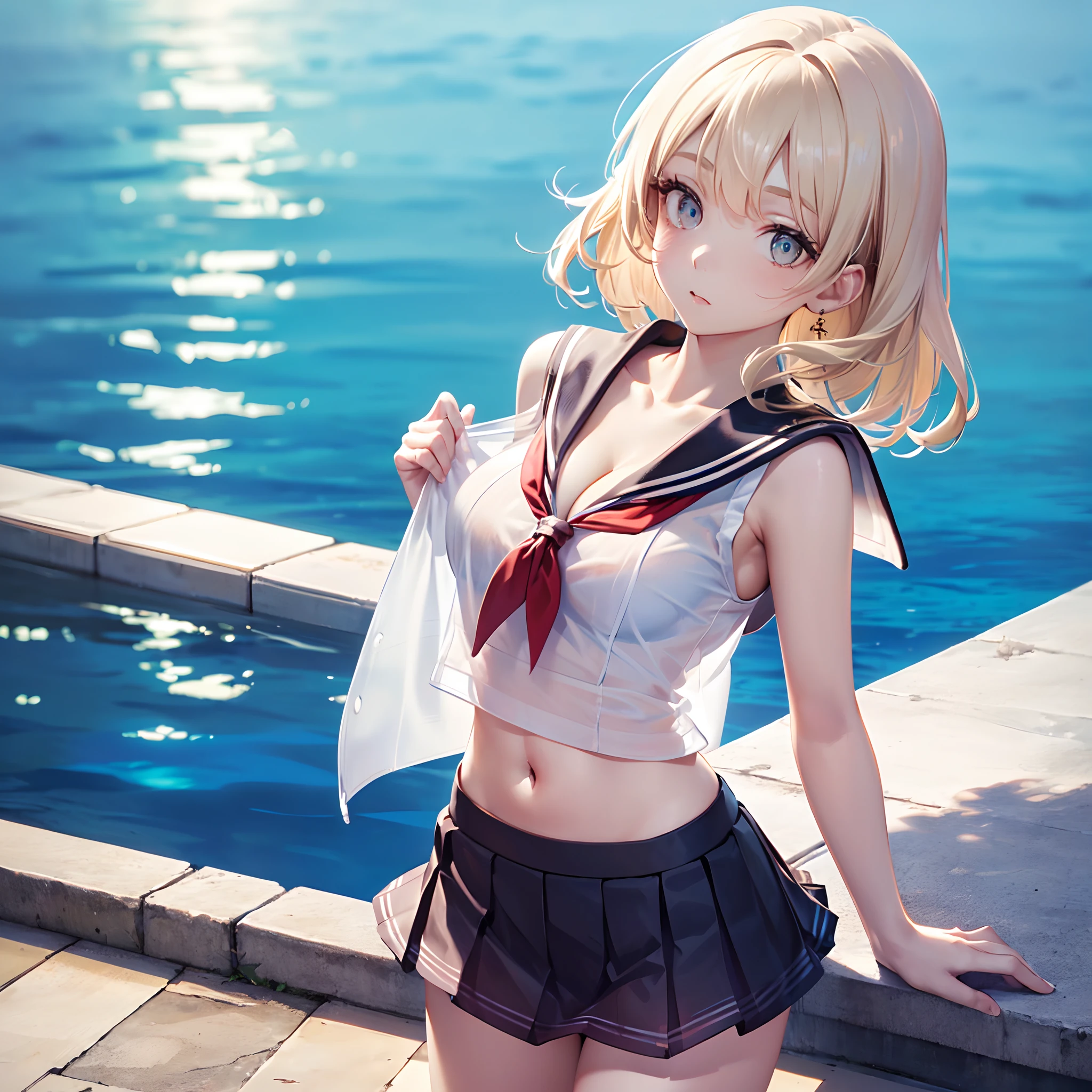 ((masutepiece, Best Quality, hight resolution, nffsw, Perfect Pixel, depth of fields, 4K, nffsw, nffsw))), 1girl in, Single, Solo, (((cleavage))), Beautiful Girl, Beautiful Art Style, ((Detailed beautiful eyes, Beautiful eyelashes, Realistic eyes)), ((Detailed face)), ((Smooth texture, Realistic texture, Photorealistic)), Large breasts, small ass, Perfect body, ((Cowboy Shot)), ((( White Sheer Sailor Shirt, Sleeveless, Open front))), (((Navel ))), (((Sheer Micro Mini Skirt))), in poolside, Perfect Eyes Eyes