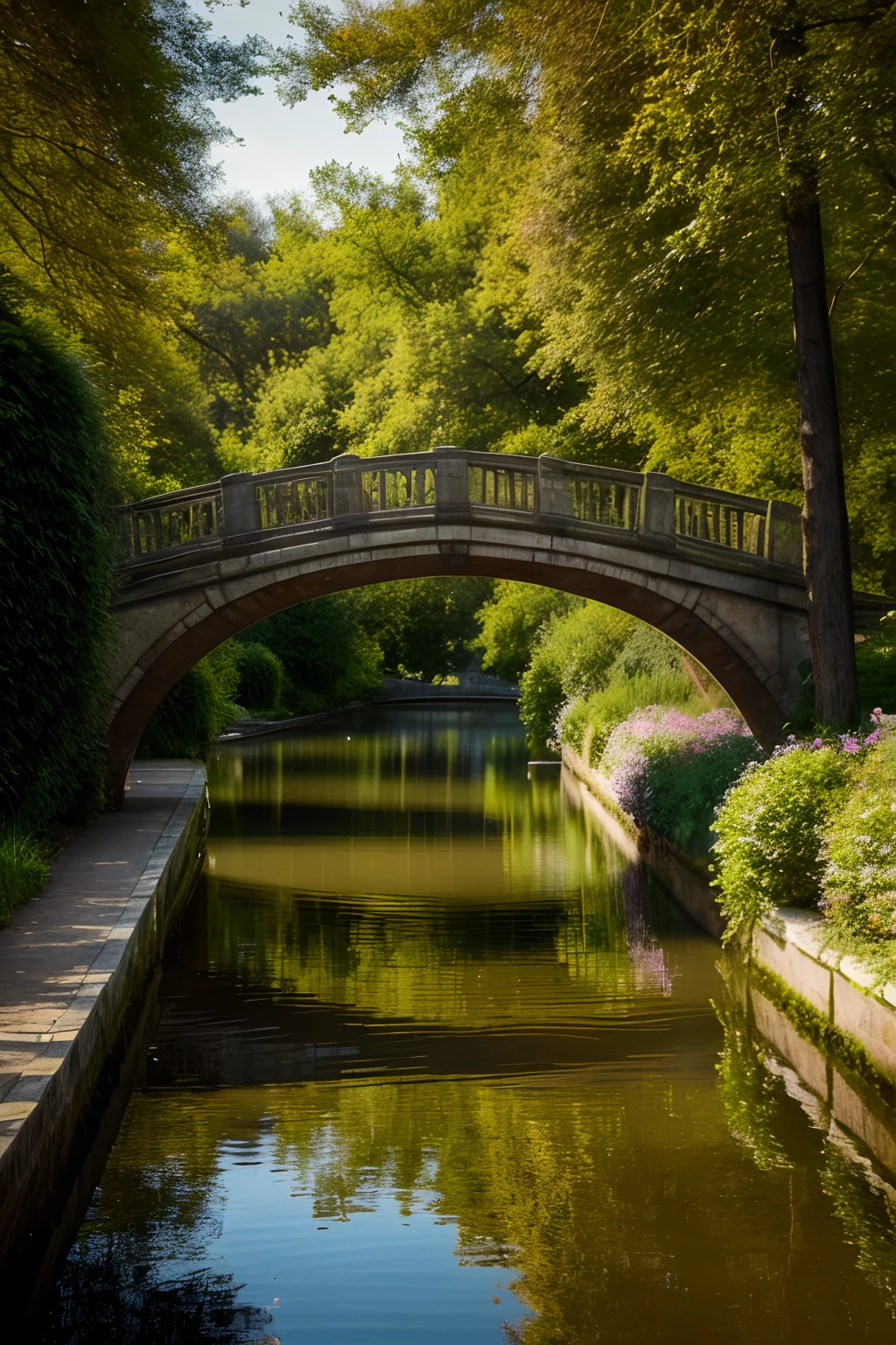 Beautiful canal with small bridge, landscape, highly detailed, inspired by the style of Ken Duncan well known as the pioneer of landscape, in making use of dodging and burning to edit a landscape image.