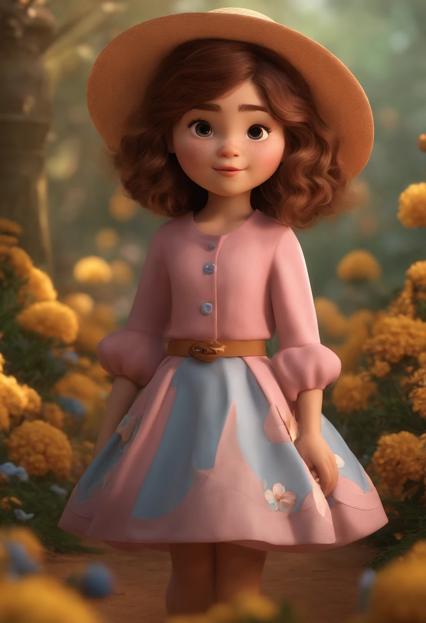 IMAGEM disney pixar inspired 3D,QUALIDADE 8k 4k /menina de cabelo crespo cacheado castanho,com olhos castanhos,vestida com roupa da personagem kurumi personagem sanrio.