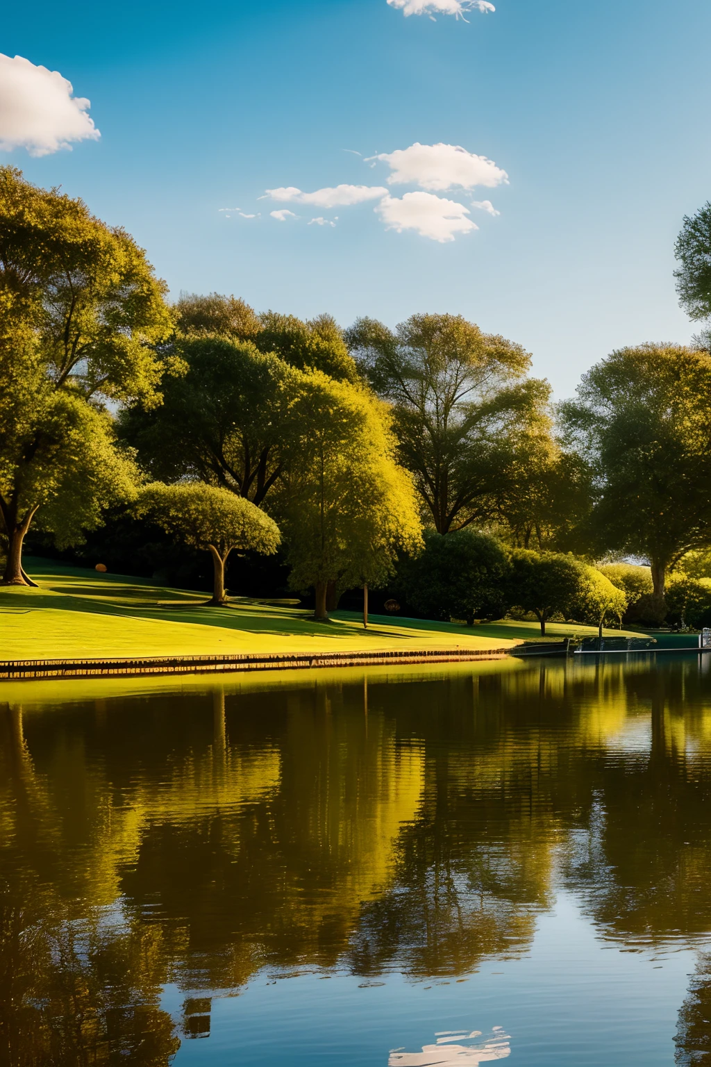 Beautiful boating lake landscape, highly detailed, inspired by the style of Ken Duncan well known as the pioneer of landscape, in making use of dodging and burning to edit a landscape image.