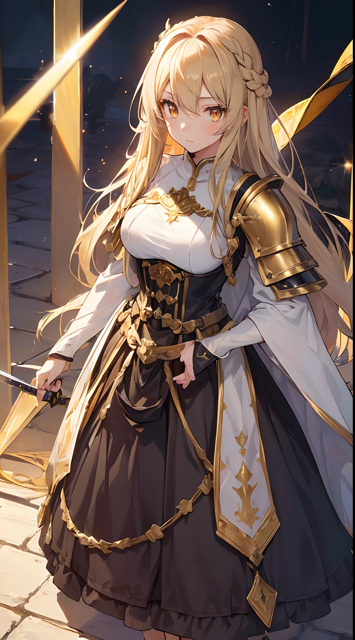 1woman,30s,cow horns,long hair,solo,templar golden knight outfit,knight, golden long chainmail skirt,road,neutral face,