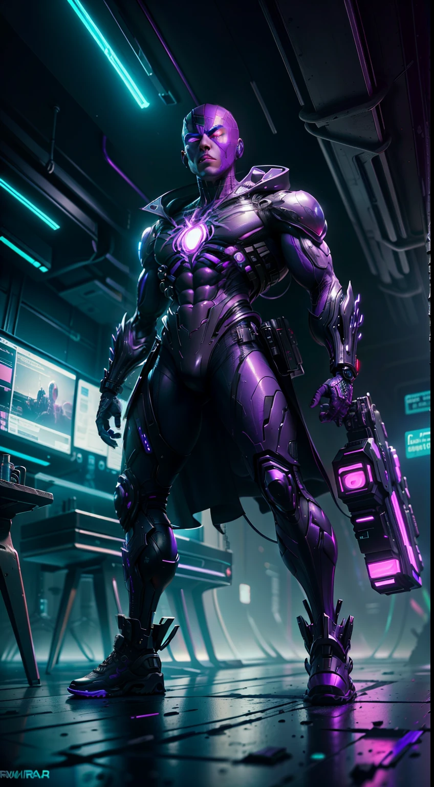 (8k, 8D, foto RAW, mejor calidad, obra-prima: 1.2),Full Body Photo Angle A Beautiful Purple Cyberpunk City, un Spider Man cyberpunk con un abrigo cyberpunk,neon light