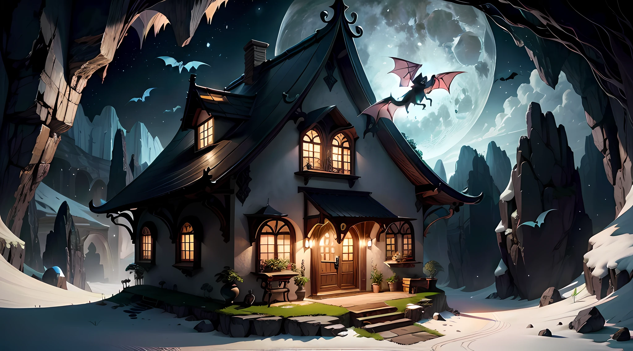 A cute bat (Very happy) flying in front the white moon to your house (beautiful litle house into The cave) where The wife wait him, Cartoon, detailed, high definicion, ultra resolution, 64k,