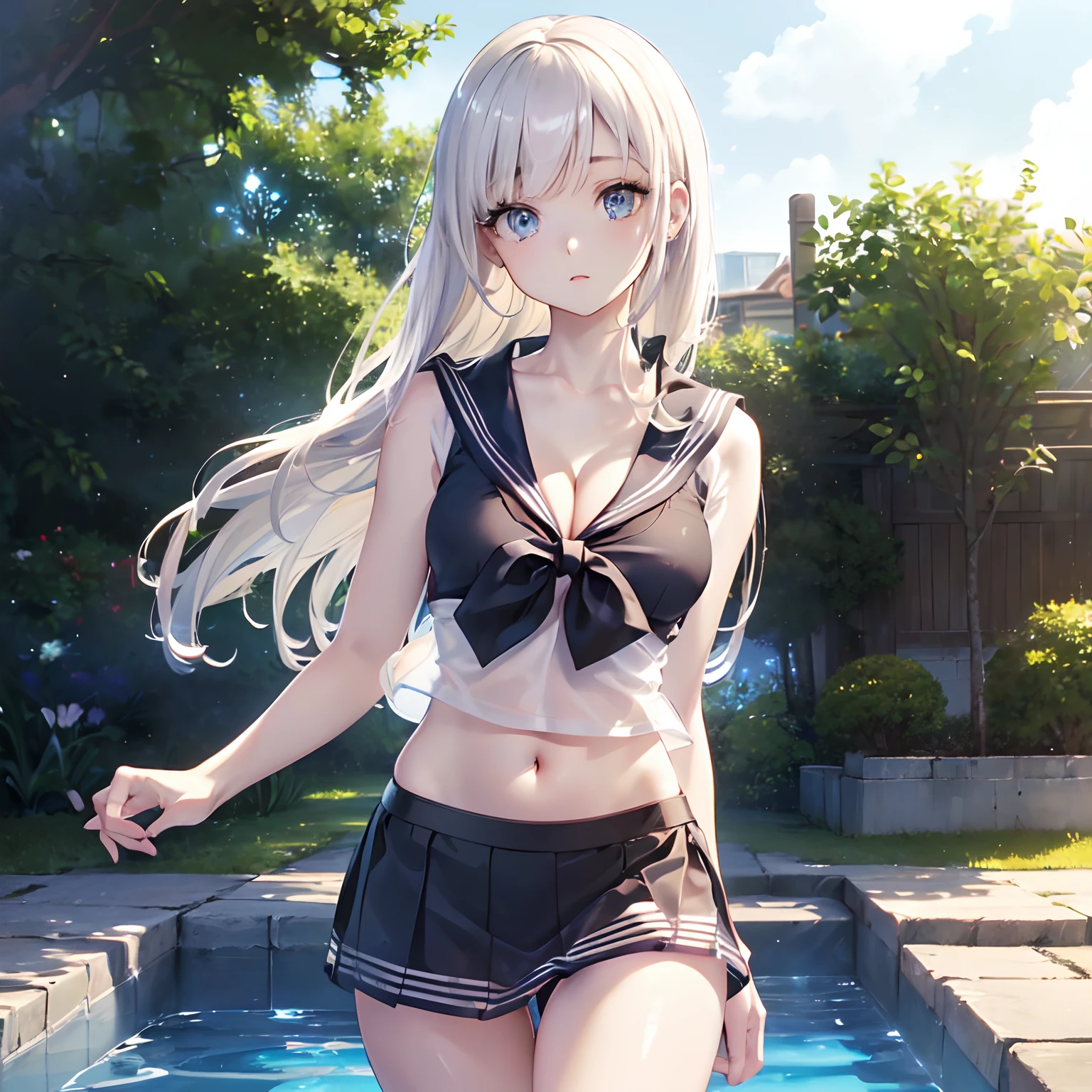 ((masutepiece, Best Quality, hight resolution, nffsw, Perfect Pixel, depth of fields, 4K, nffsw, nffsw))), 1girl in, Single, Solo, (((cleavage))), Beautiful Girl, Beautiful Art Style, ((Detailed beautiful eyes, Beautiful eyelashes, Realistic eyes)), ((Detailed face)), ((Smooth texture, Realistic texture, Photorealistic)), Large breasts, small ass, Perfect body, ((Cowboy Shot)), ((( White Sheer Sailor Shirt, Sleeveless, Open front))), (((Navel ))), (((Sheer Micro Mini Skirt))), in poolside, Perfect Eyes Eyes