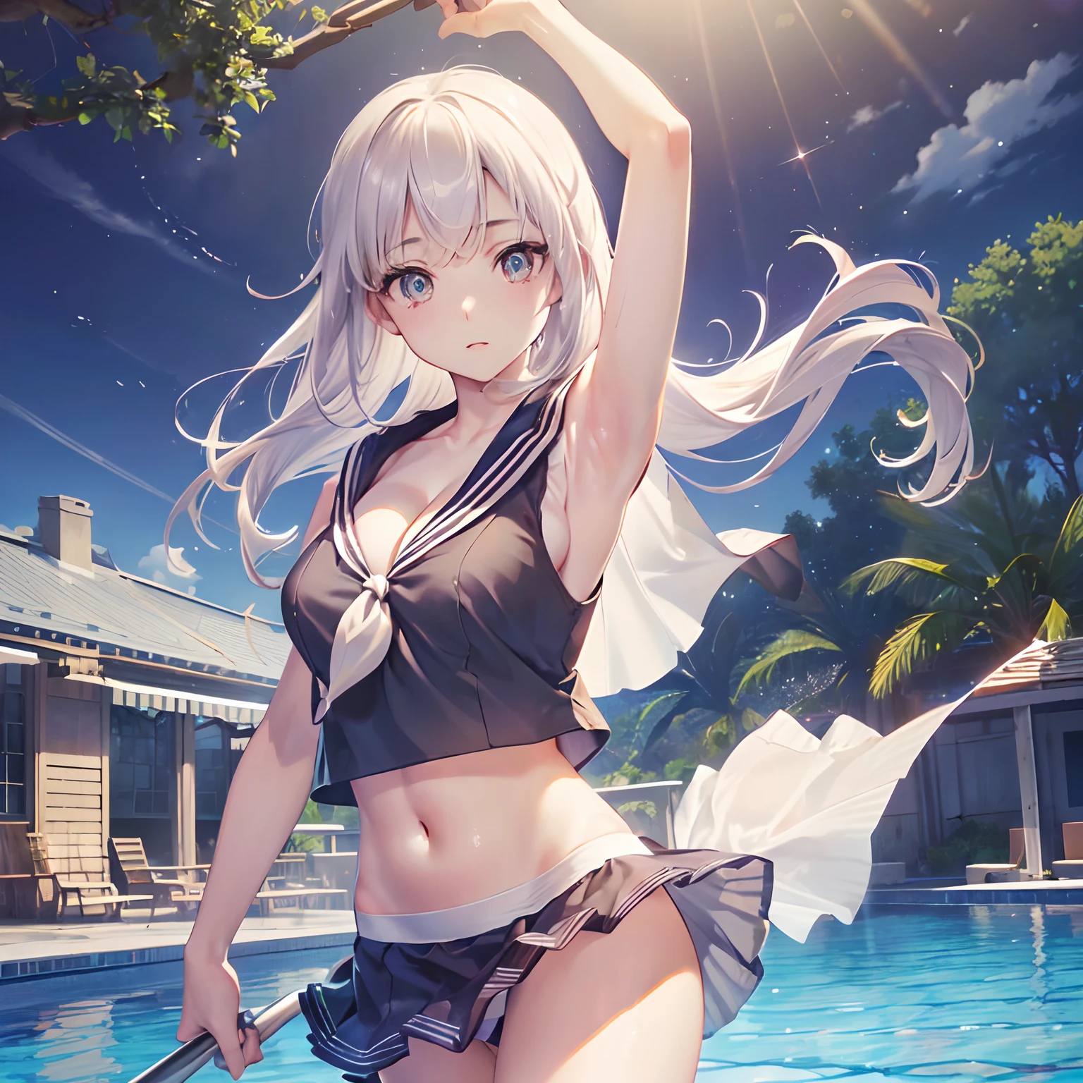 ((masutepiece, Best Quality, hight resolution, nffsw, Perfect Pixel, depth of fields, 4K, nffsw, nffsw))), 1girl in, Single, Solo, (((cleavage))), Beautiful Girl, Beautiful Art Style, ((Detailed beautiful eyes, Beautiful eyelashes, Realistic eyes)), ((Detailed face)), ((Smooth texture, Realistic texture, Photorealistic)), Large breasts, small ass, Perfect body, ((Cowboy Shot)), ((( White Sheer Sailor Shirt, Sleeveless, Open front))), (((Navel ))), (((Sheer Micro Mini Skirt))), in poolside, Perfect Eyes Eyes