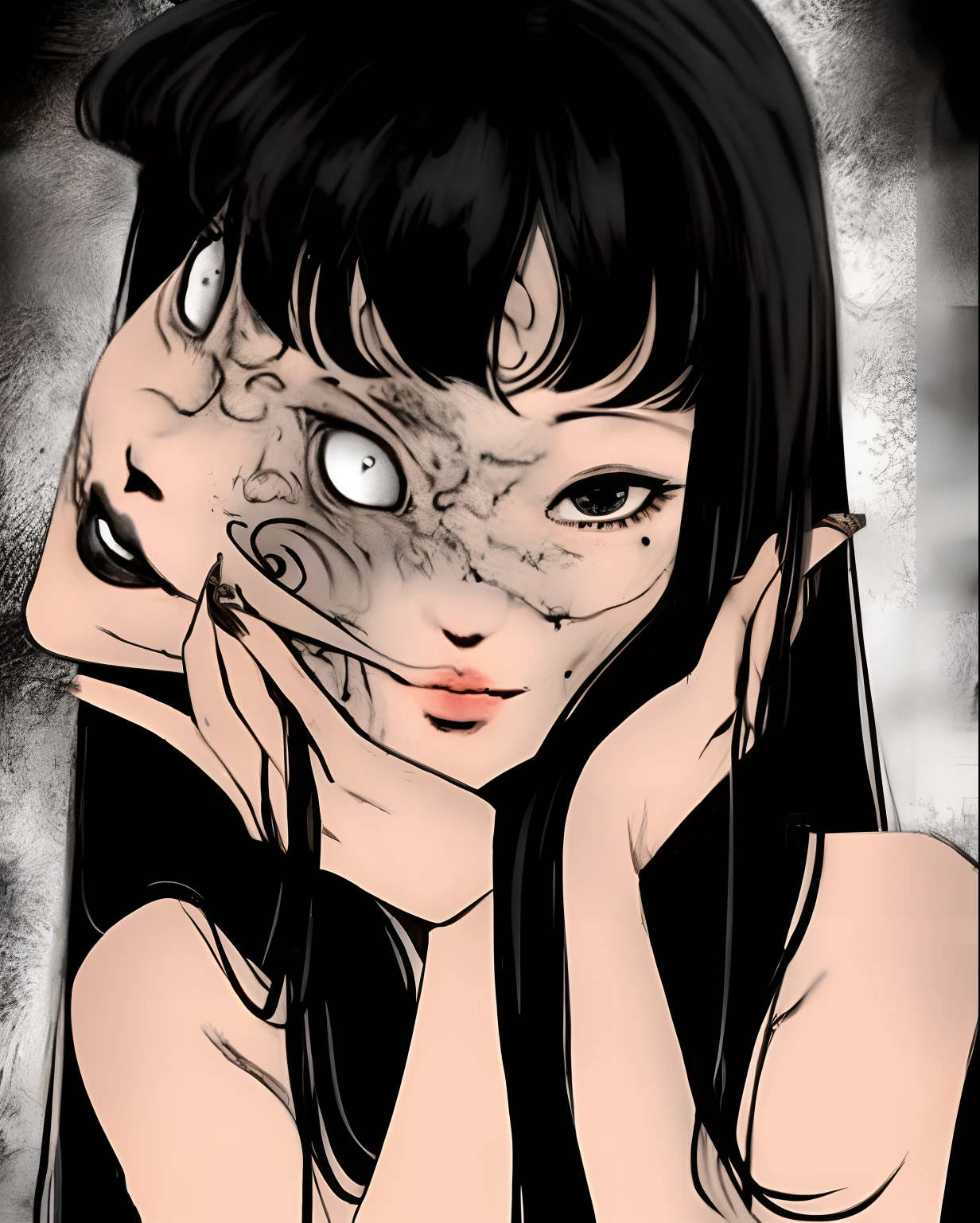 um desenho de uma mulher com 2 rostos, arte de junji ito, estilo junji ito, ito junji arte, Sutil Junji Ito, Estilo de arte de Junji Ito, Uzumaki de Junji Ito, junji ito tons, Estilo de Junji Ito, inspirado em Junji Ito, pixivs e junji ito