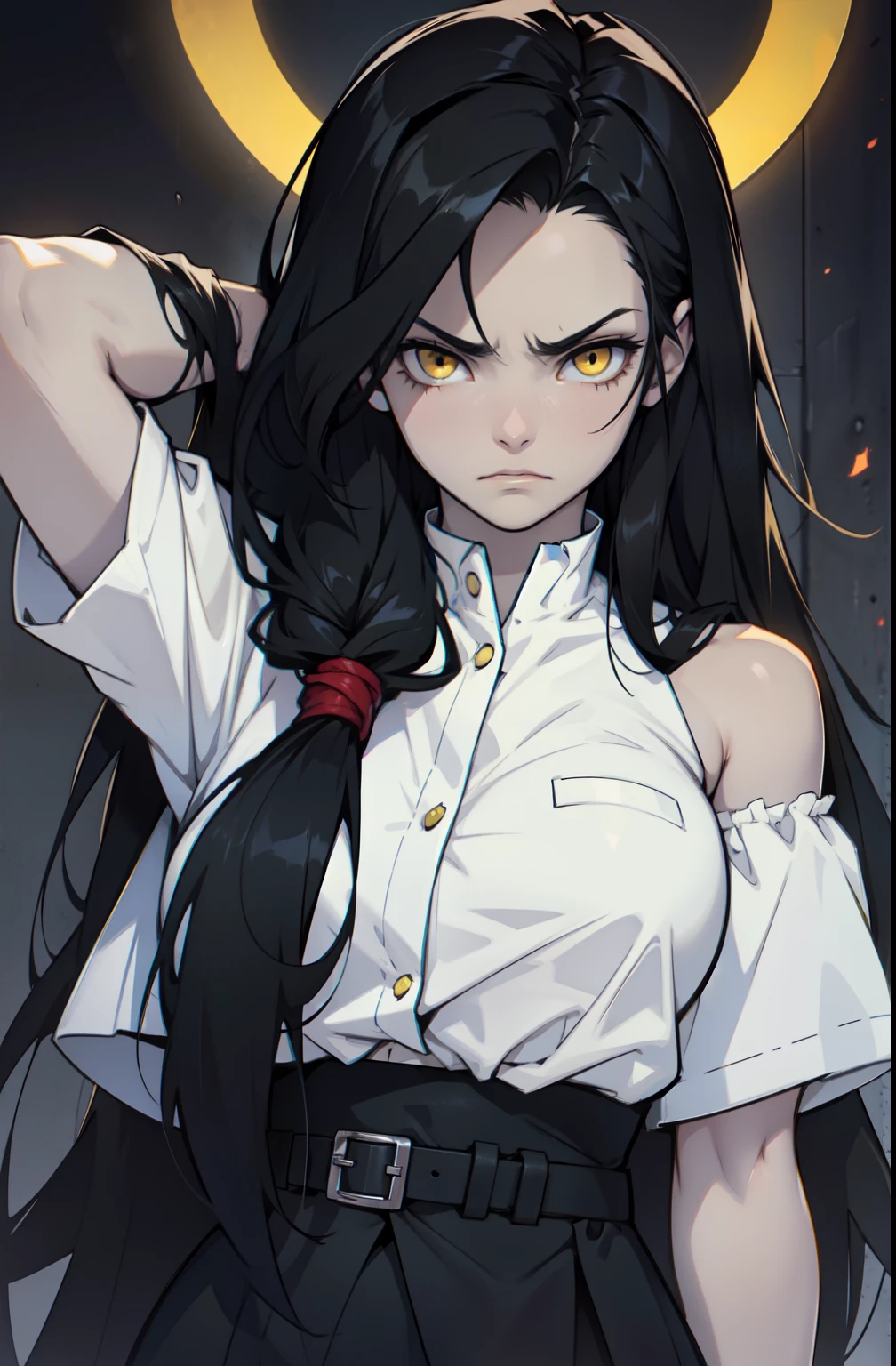 sad angry 1 girl pale skin very long hair black hair yellow eyes