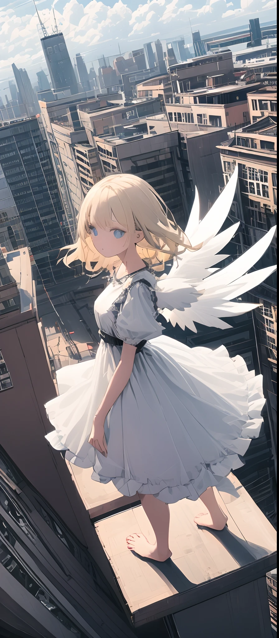 (masterpiece, best quality),from above , 1girl, solo, (feathered wings:1.2), billboard, blue eyes, blonde hair, building, city, cloudy sky, white dress, barefoot, crane \(machine\), dutch angle, from side, light frown, looking at viewer, outdoors, rooftop, sky, skyscraper