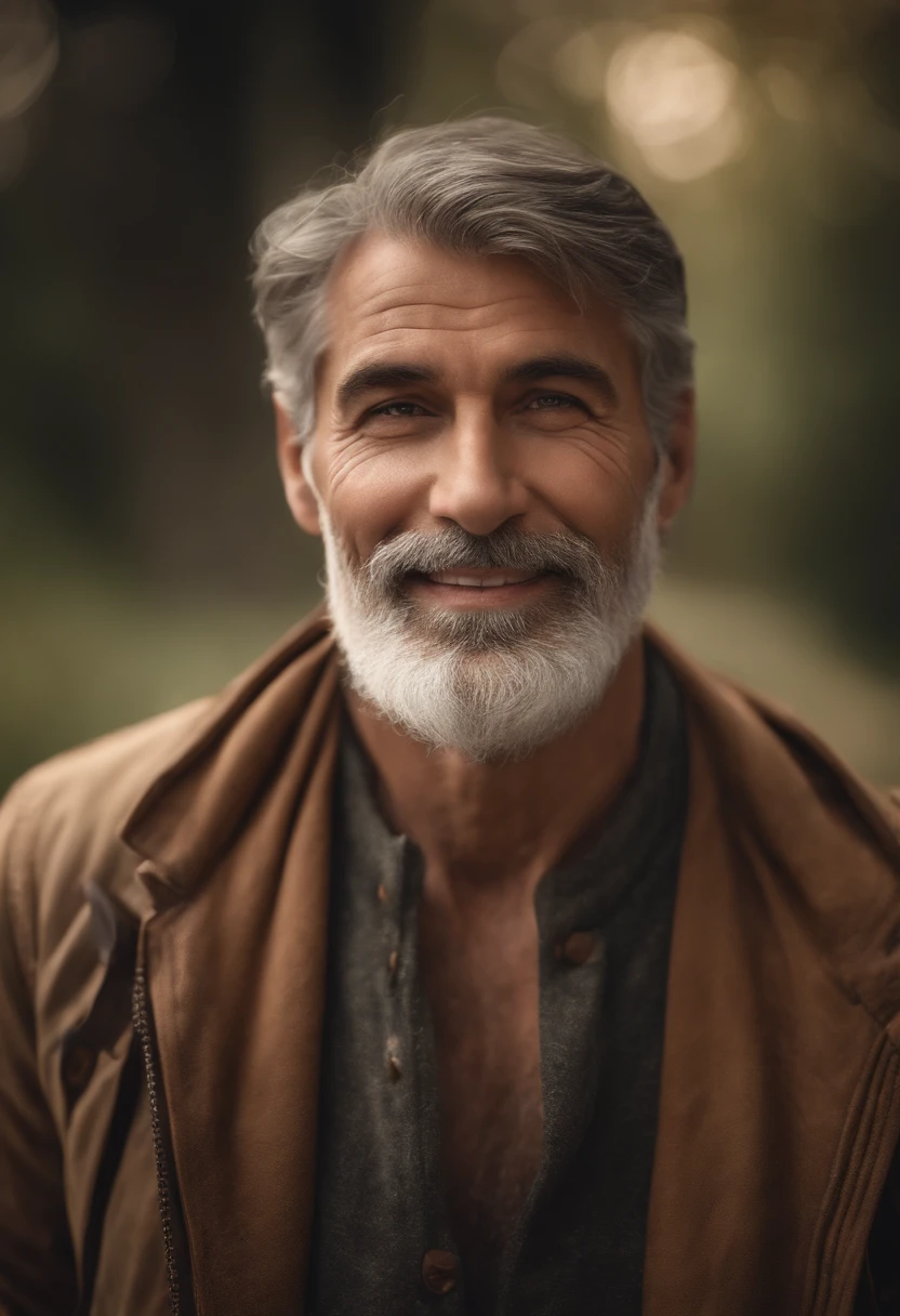 (highres,realistic) A loving father with a gray beard, gorgeous eyes, and a broad smile, showcasing his wisdom and affection. The portrait captures his kind-hearted nature and the remarkable lines that time has etched on his face. The intricate details highlight the gentle wrinkles around his eyes and mouth, conveying a sense of warmth and experience. The lighting accentuates his strong features and creates an intimate atmosphere, with soft shadows playing on his face. The artwork is rendered in a realistic and professional manner, with ultra-detailed brushstrokes that bring out the texture of his skin and the depth in his eyes. The color palette is warm and inviting, with deep earthy tones that enhance the richness of his character. His eyes sparkle with life and wisdom, drawing the viewer into the portrait, while his smile radiates love and happiness. The background is kept simple, allowing the focus to remain on the remarkable presence of the father. This masterpiece portrays the essence of fatherhood, celebrating the bond between parent and child.