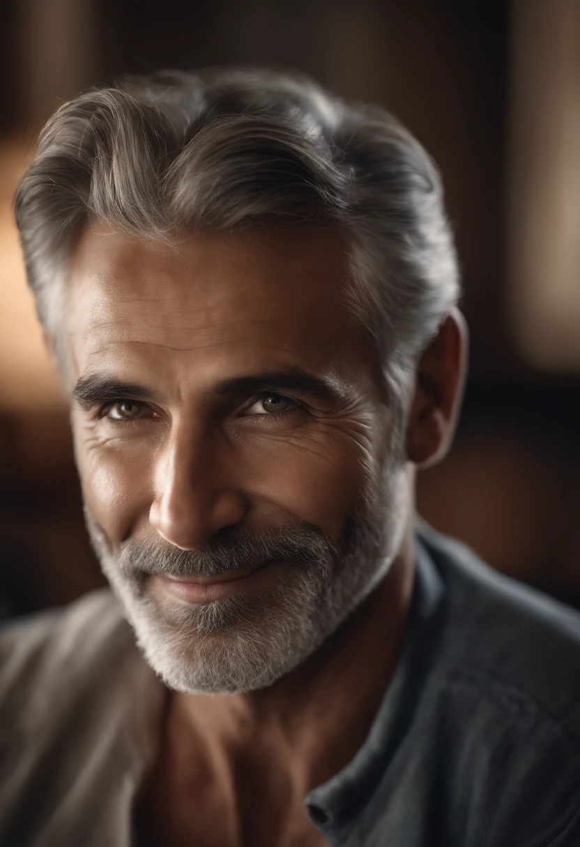 (highres,realistic) A loving father with a gray beard, gorgeous eyes, and a broad smile, showcasing his wisdom and affection. The portrait captures his kind-hearted nature and the remarkable lines that time has etched on his face. The intricate details highlight the gentle wrinkles around his eyes and mouth, conveying a sense of warmth and experience. The lighting accentuates his strong features and creates an intimate atmosphere, with soft shadows playing on his face. The artwork is rendered in a realistic and professional manner, with ultra-detailed brushstrokes that bring out the texture of his skin and the depth in his eyes. The color palette is warm and inviting, with deep earthy tones that enhance the richness of his character. His eyes sparkle with life and wisdom, drawing the viewer into the portrait, while his smile radiates love and happiness. The background is kept simple, allowing the focus to remain on the remarkable presence of the father. This masterpiece portrays the essence of fatherhood, celebrating the bond between parent and child.